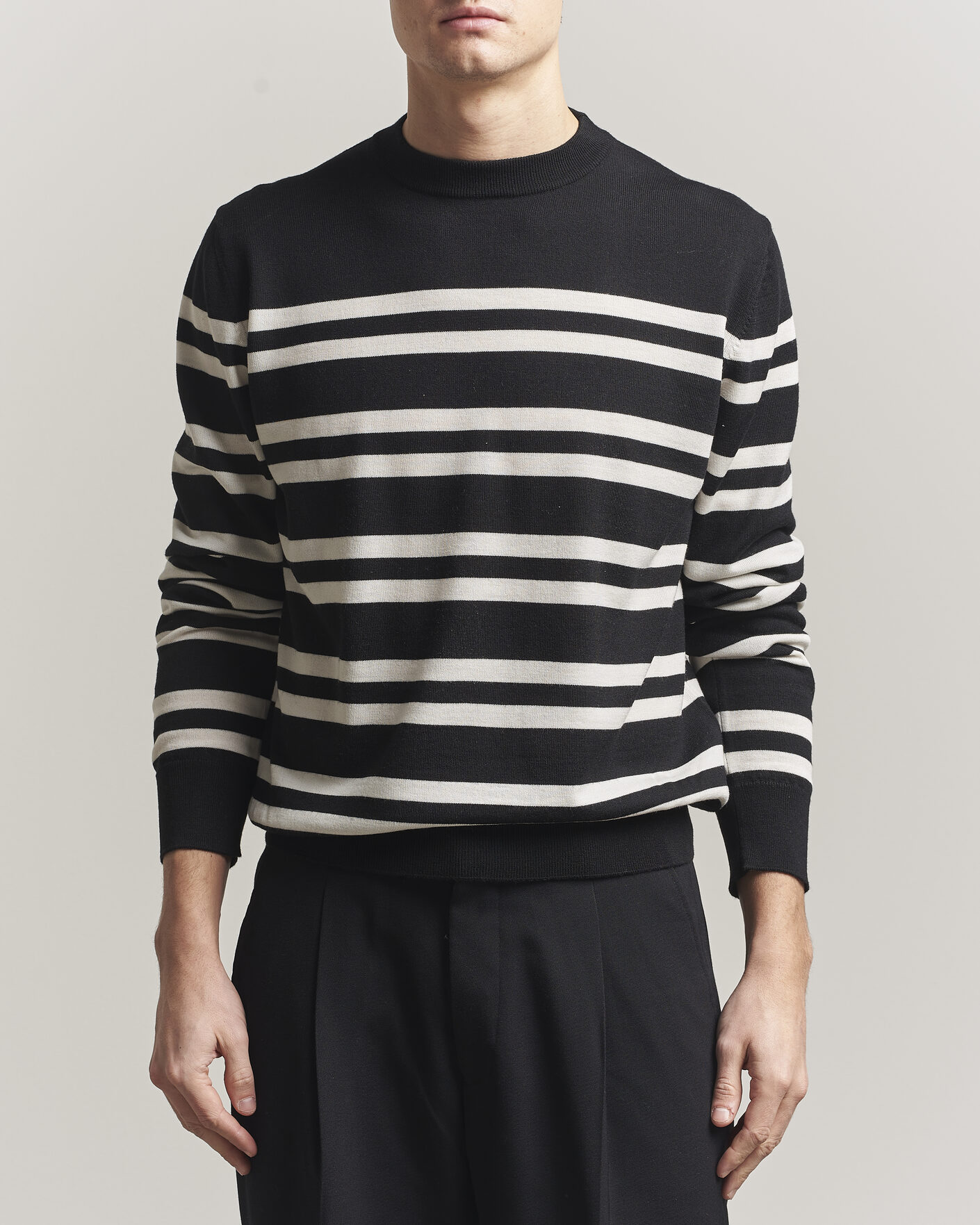 Uomini | Maglieria | Filippa K | Merino Knitted Striped Sweater Black/White
