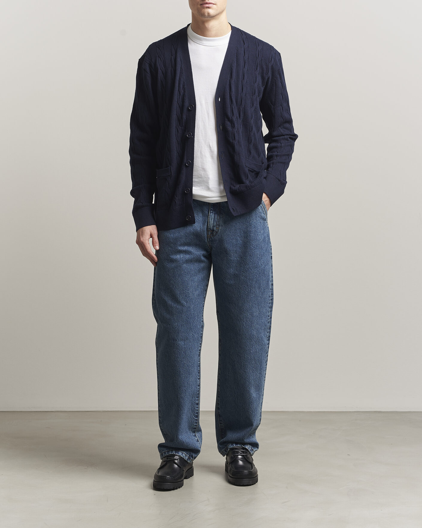 Uomini | Maglieria | Filippa K | Cotton/Merino Cable Cardigan Navy