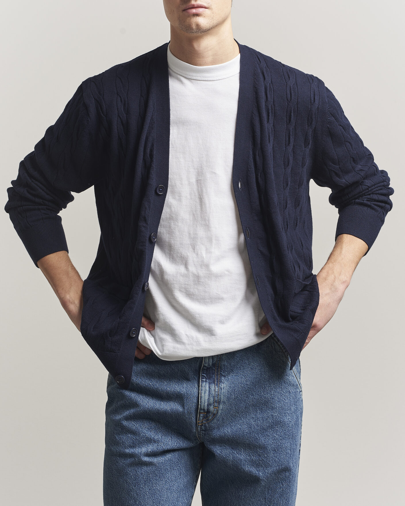 Uomini | Maglieria | Filippa K | Cotton/Merino Cable Cardigan Navy