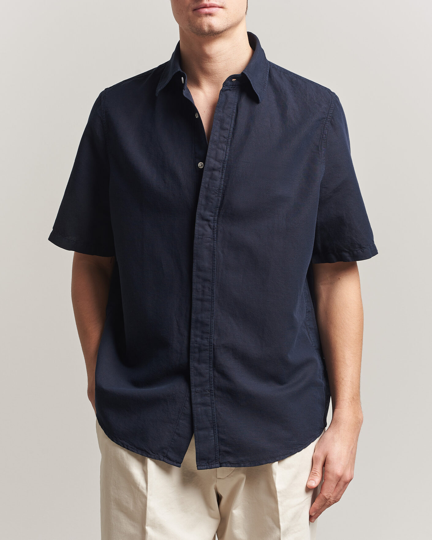 Uomini | Camicie | Filippa K | Cotton/Linen Short Sleeve Shirt Navy