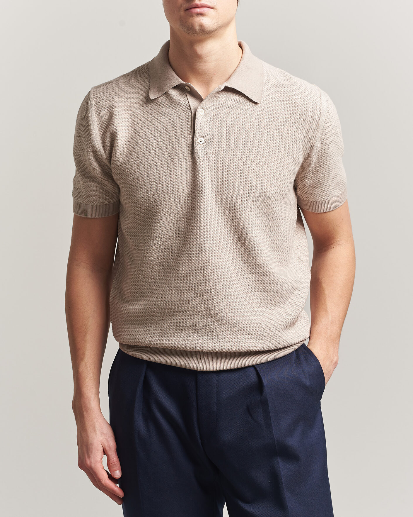 Uomini | Polo | Canali | Textured Knit Short Sleeve Polo Light Beige