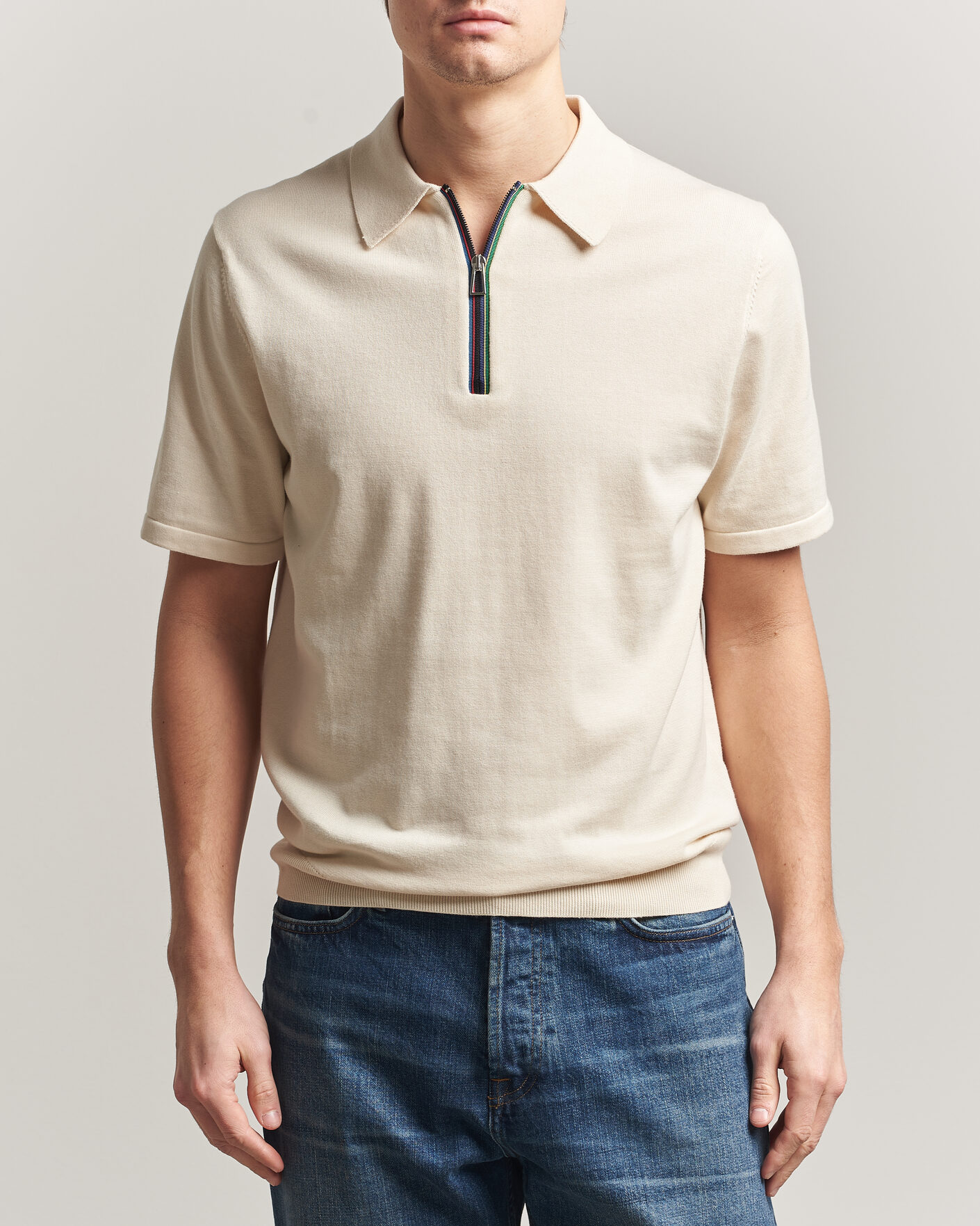 Uomini | Polo | PS Paul Smith | Cotton Knitted Half Zip Polo Off White