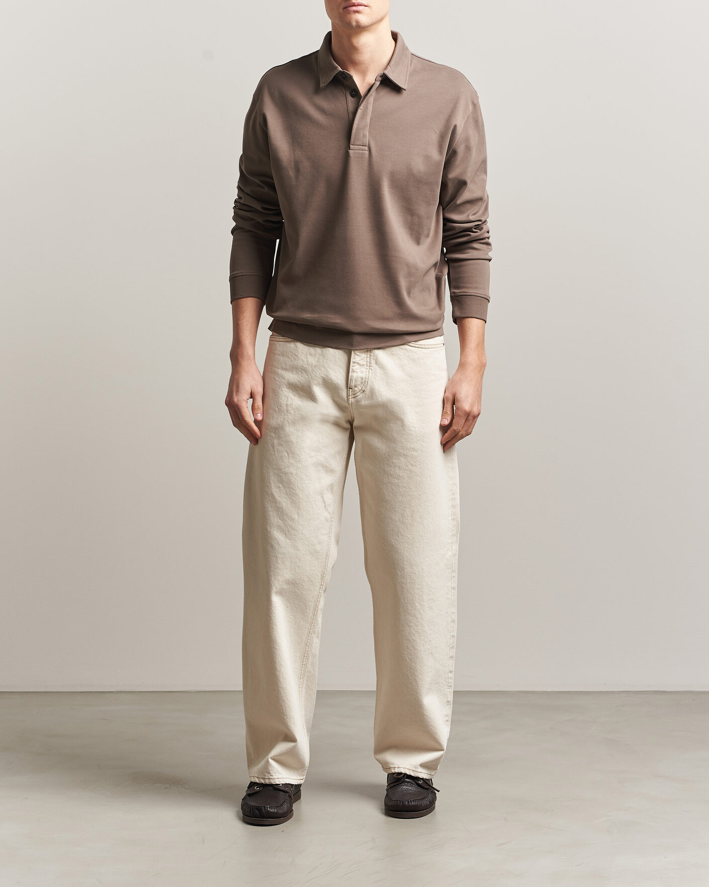 Uomini | Polo | Sunspel | Heavy Weight Supima Cotton Long Sleeve Polo Dark Cedar