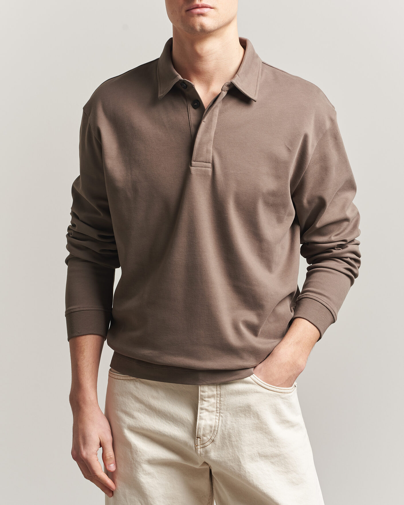 Uomini | Polo | Sunspel | Heavy Weight Supima Cotton Long Sleeve Polo Dark Cedar