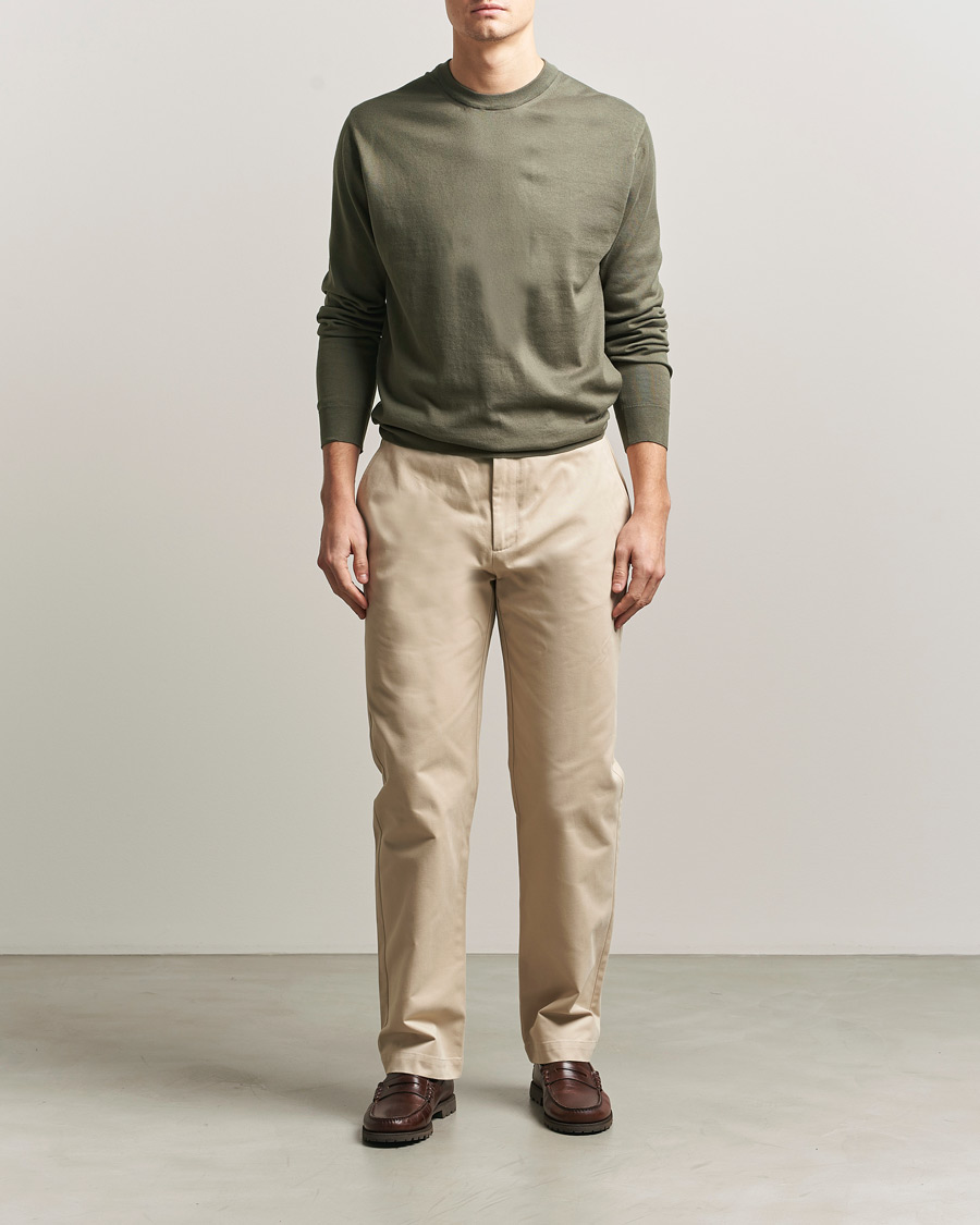 Uomini | Maglieria | Sunspel | Lightweight Knitted Cotton Crew Khaki