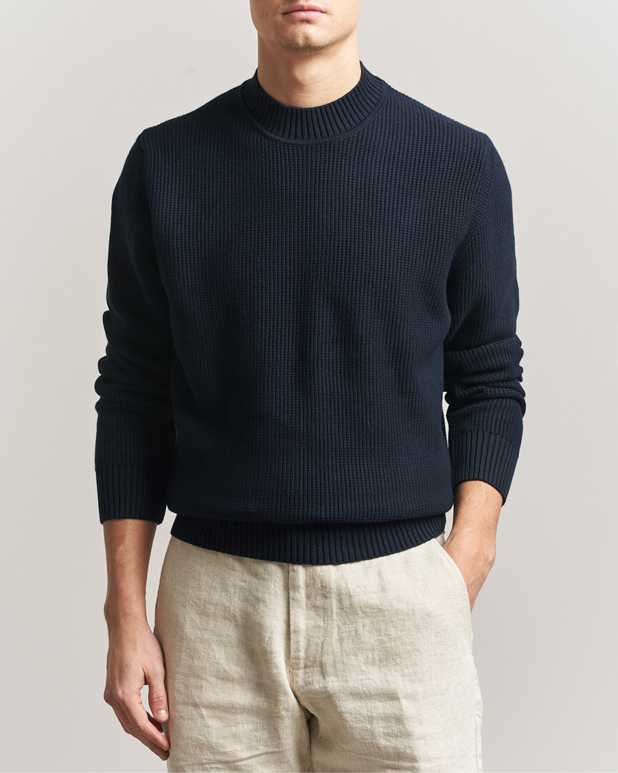Uomini | Maglieria | Sunspel | Cotton Stitch Mock Neck Navy