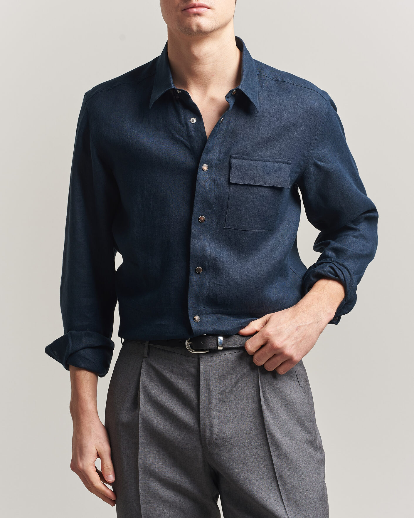Uomini | Camicie | Kiton | Linen Overshirt Navy