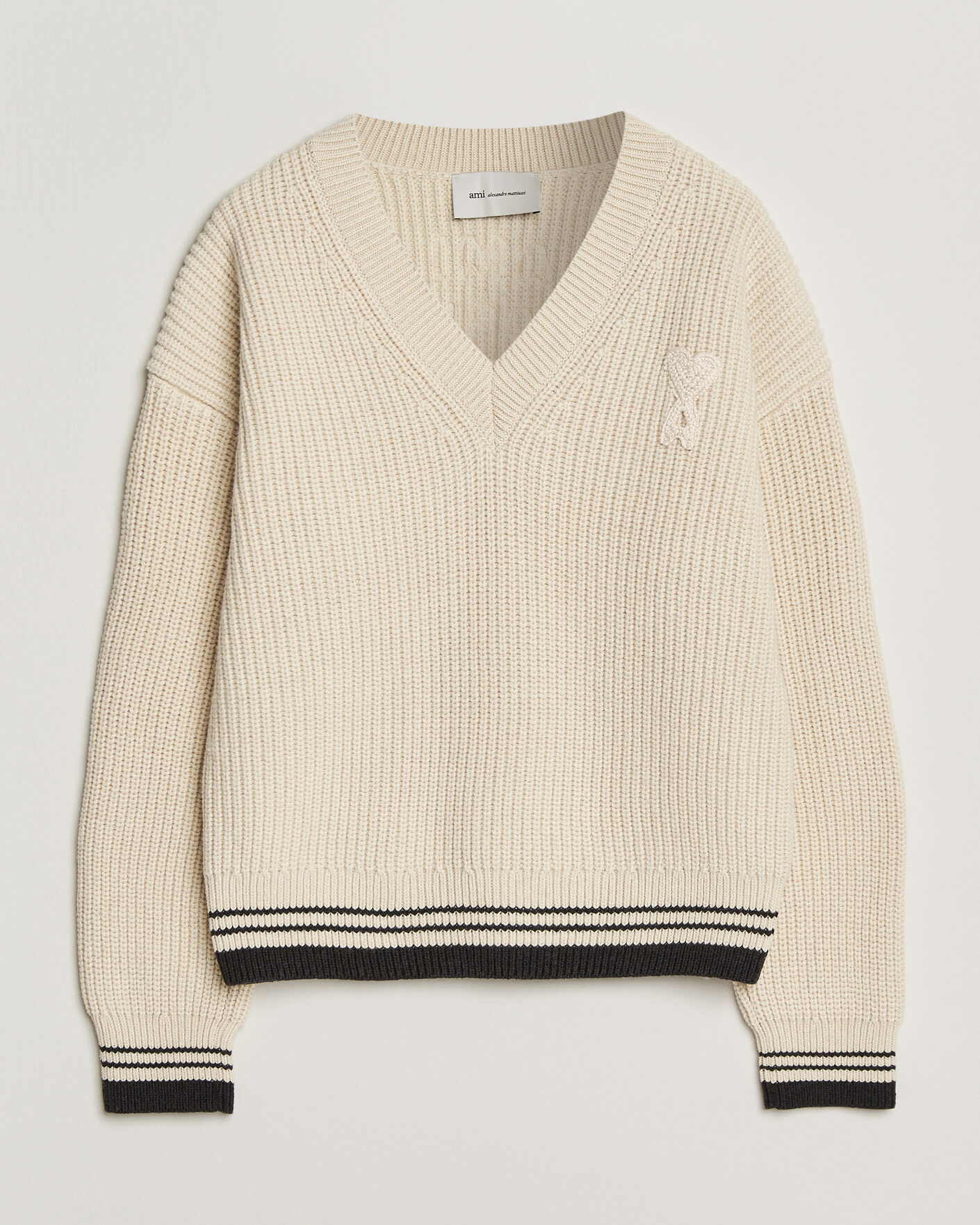 Uomini | Maglieria | AMI | Wool/Cotton Ribbed V-Neck Creme