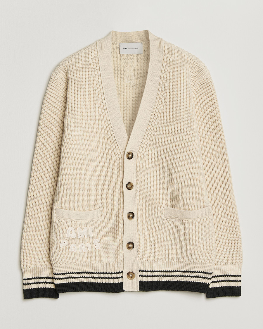 Uomini | Maglieria | AMI | Wool/Cotton Ribbed Cardigan Creme