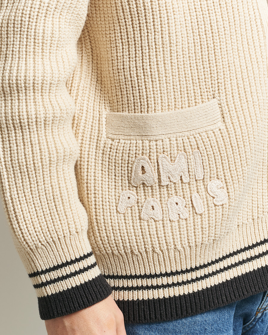 Uomini | Maglieria | AMI | Wool/Cotton Ribbed Cardigan Creme