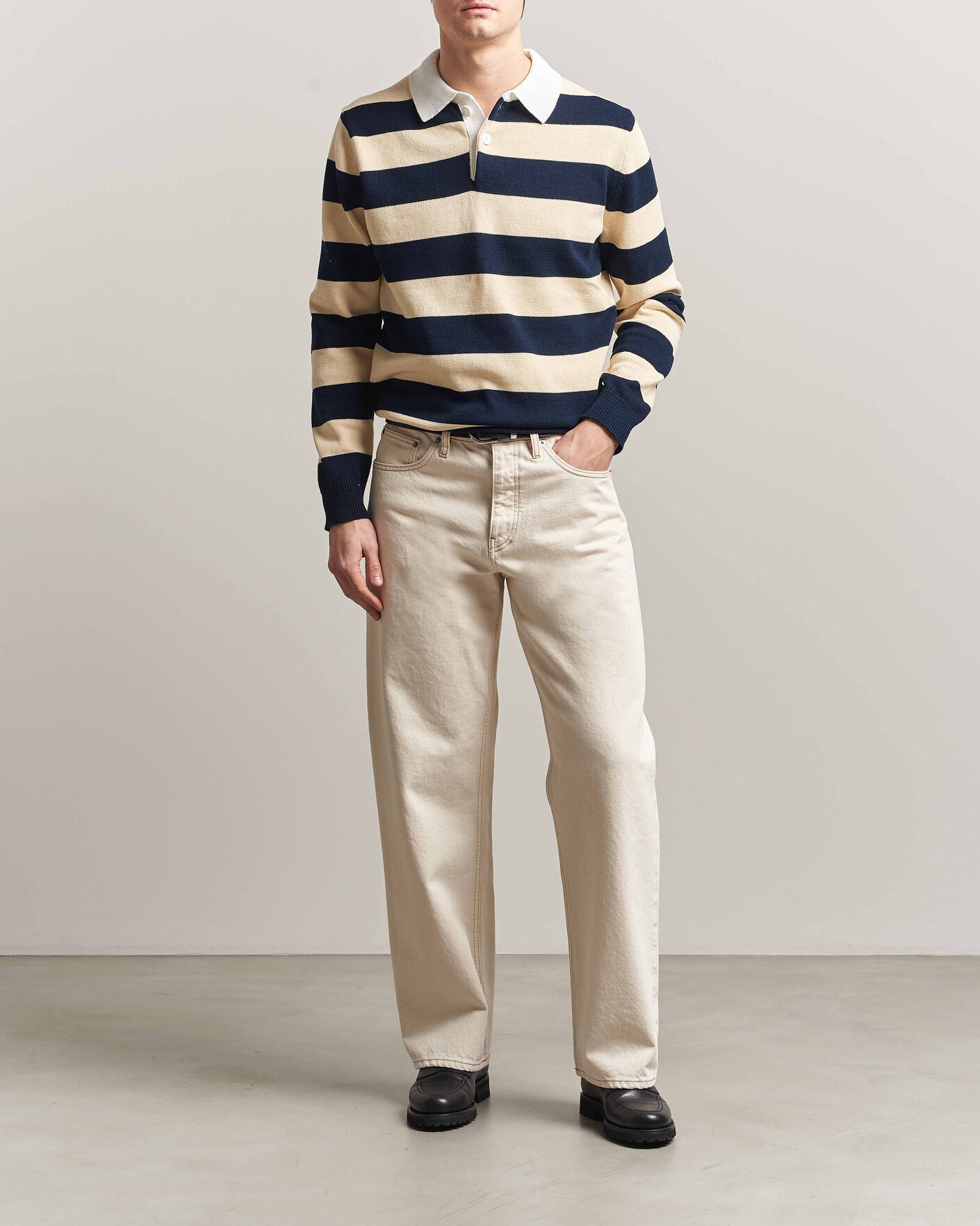 Uomini | Maglieria | Aspesi | Long Sleeve Knitted Polo Navy/Ecru