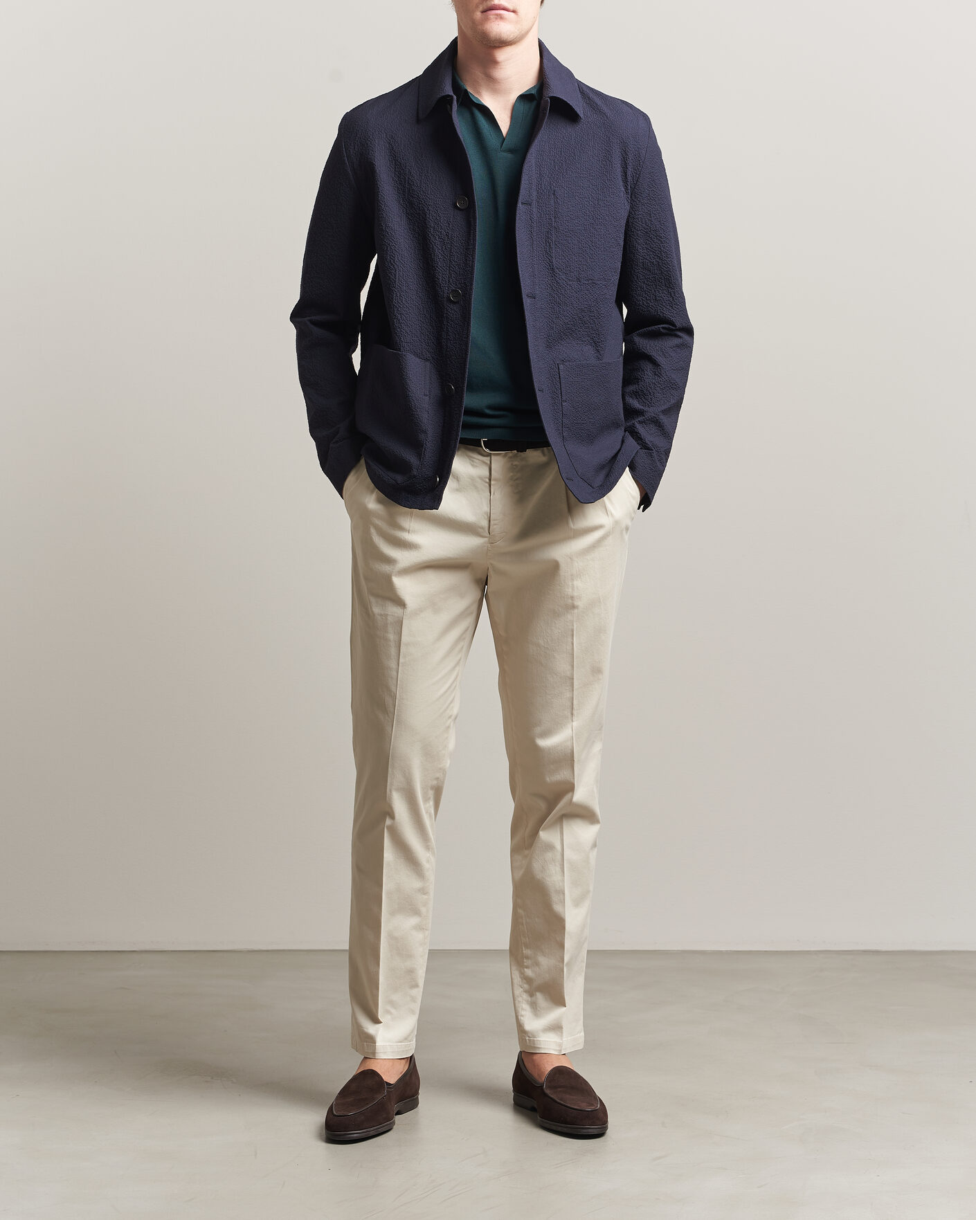 Uomini | Giacche | Incotex | Seersucker Cotton/Silk Chore Jacket Navy