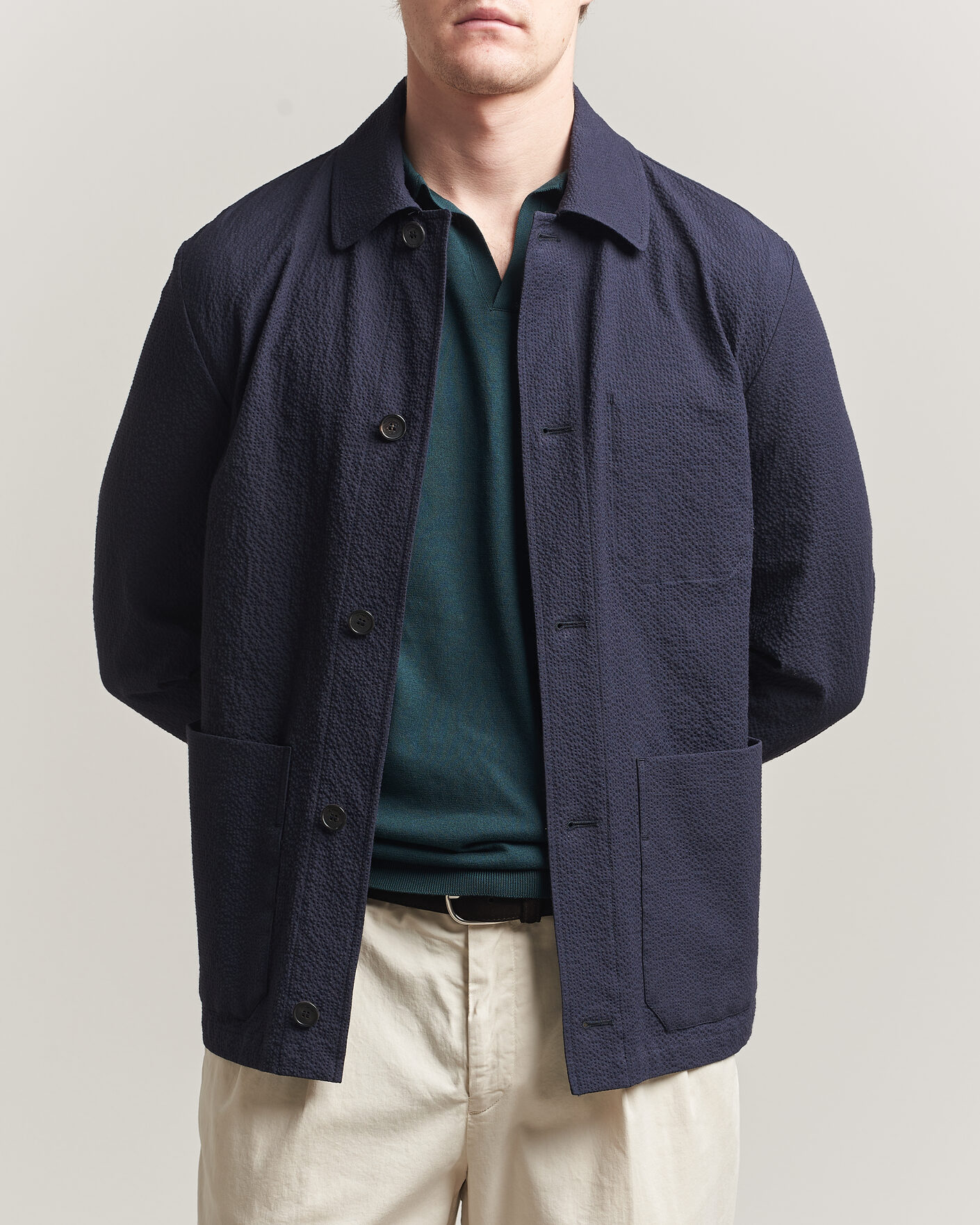 Uomini | Giacche | Incotex | Seersucker Cotton/Silk Chore Jacket Navy
