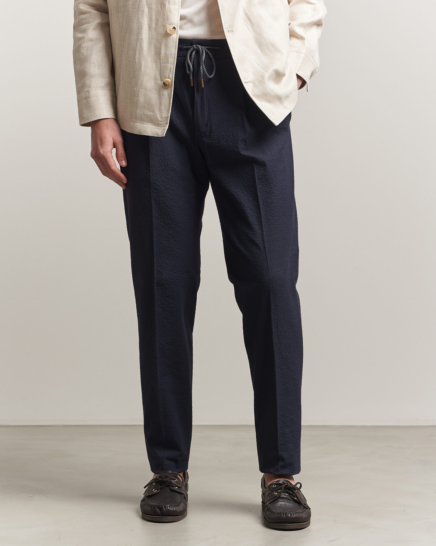 Uomini | Pantaloni | Incotex | Tapered Fit Seersucker Pants Navy