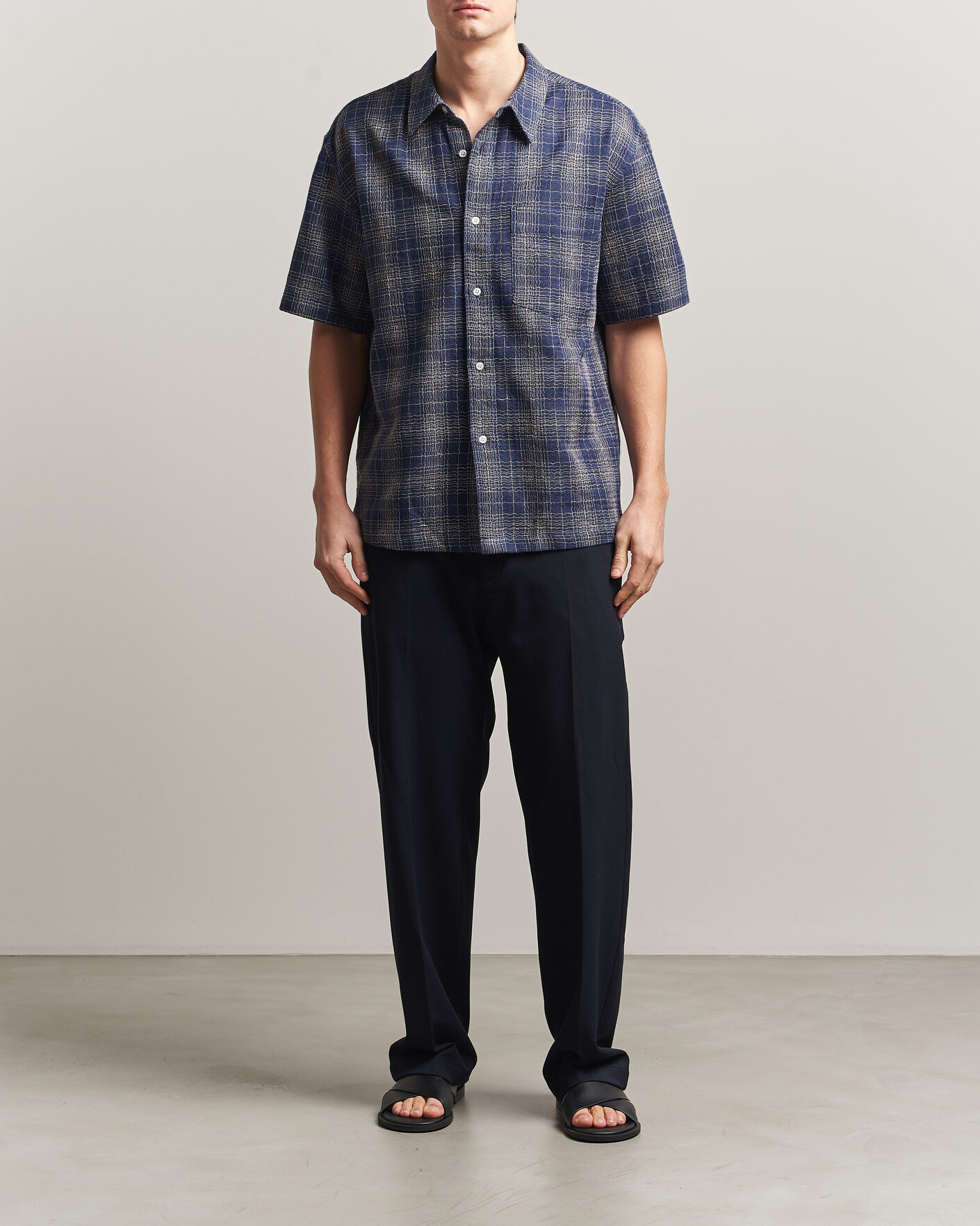 Uomini | Camicie | Palmes | Cotton/Linen Short Sleeve Shirt Navy Check