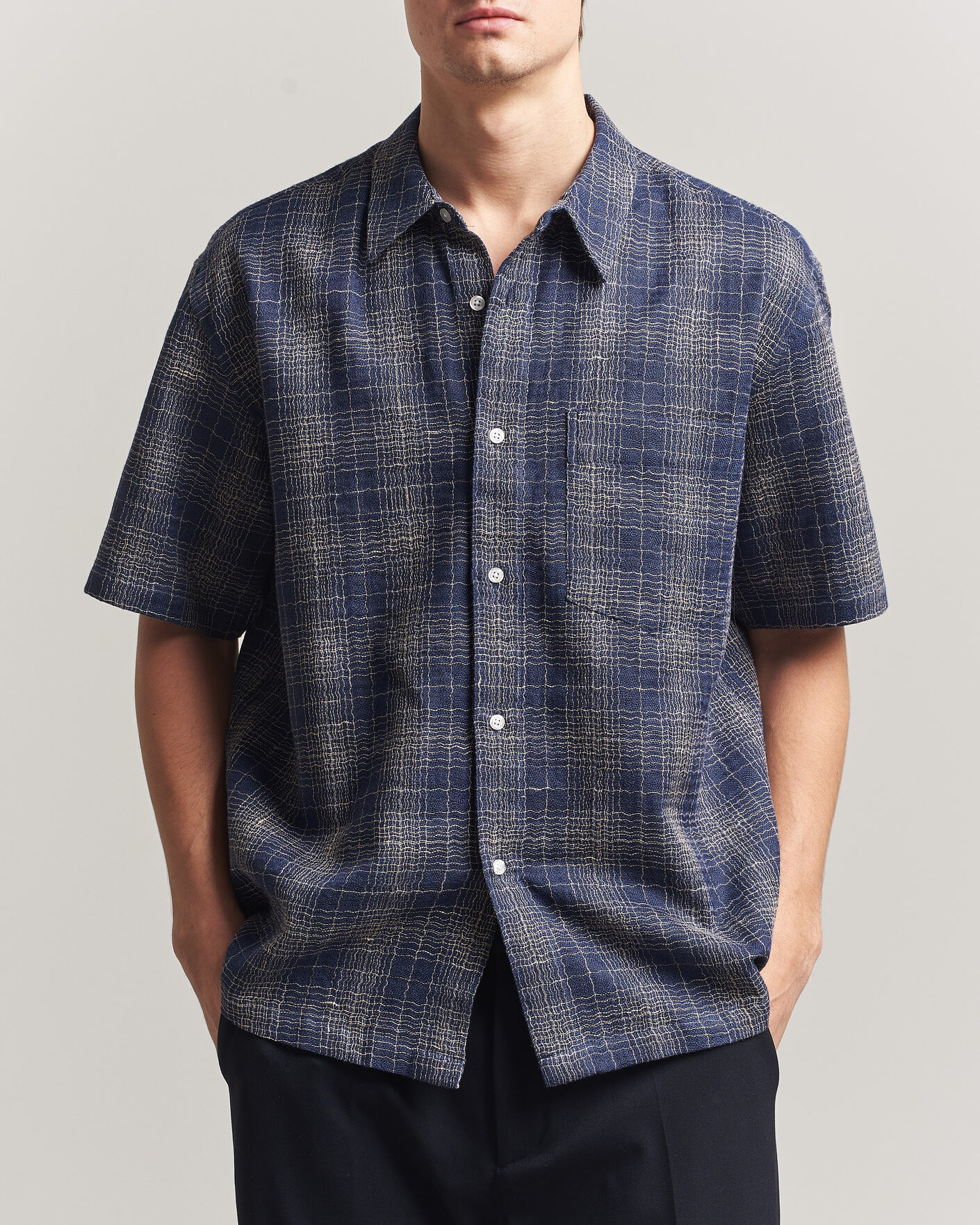 Uomini | Camicie | Palmes | Cotton/Linen Short Sleeve Shirt Navy Check