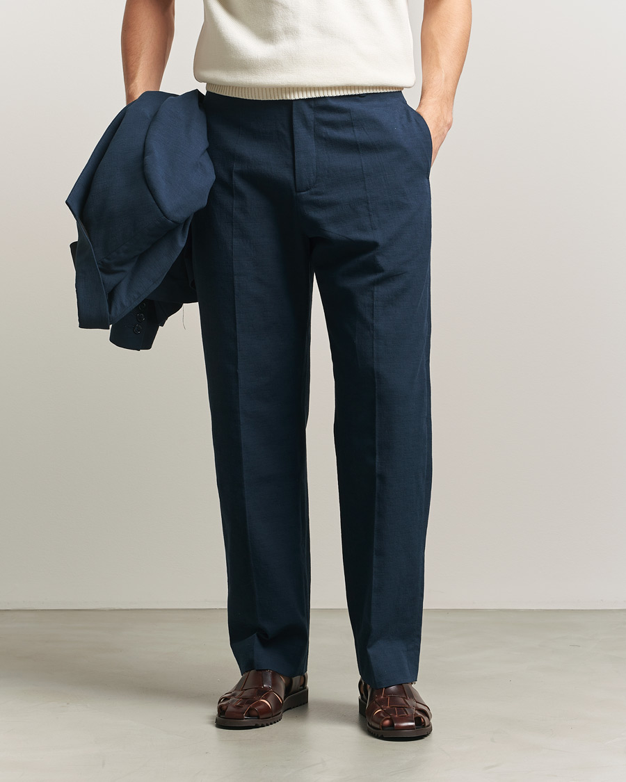 Uomini | Pantaloni | Palmes | Pleated Cotton Trousers Navy