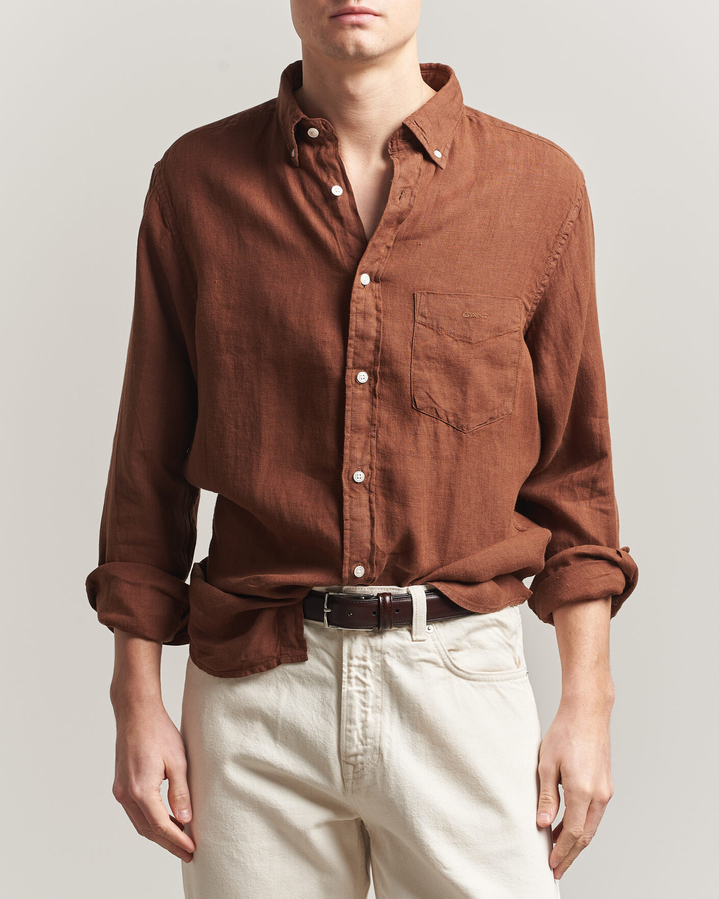 Uomini | Camicie | Gant | Regular Fit Garment Dyed Linen Shirt Mahogany Brown