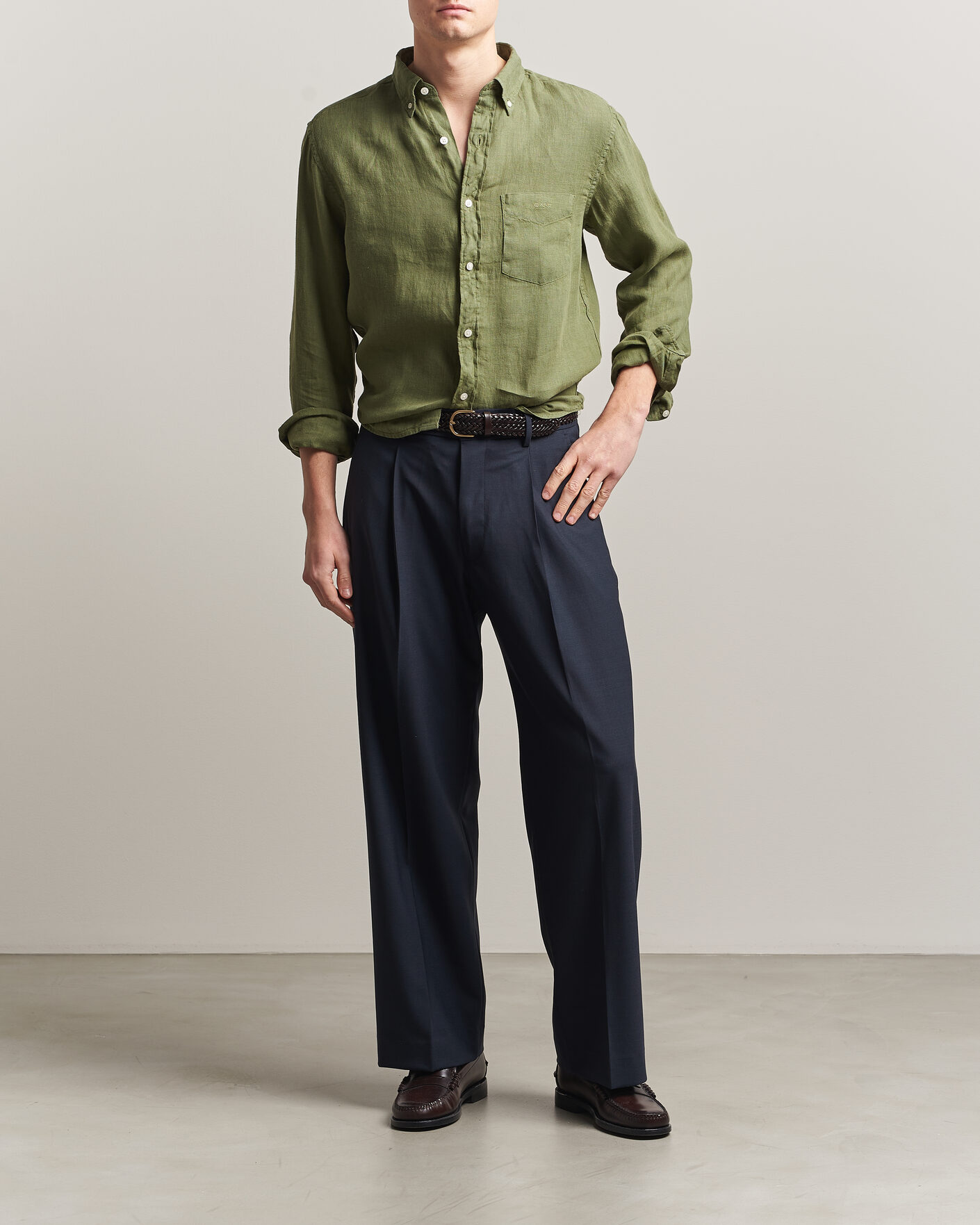 Uomini | Camicie | Gant | Regular Fit Garment Dyed Linen Shirt Dry Herb Green