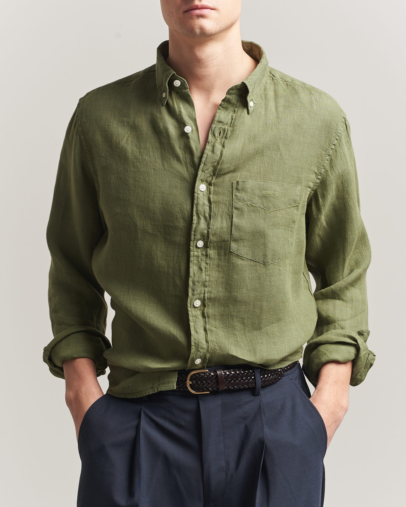 Uomini | Camicie | Gant | Regular Fit Garment Dyed Linen Shirt Dry Herb Green