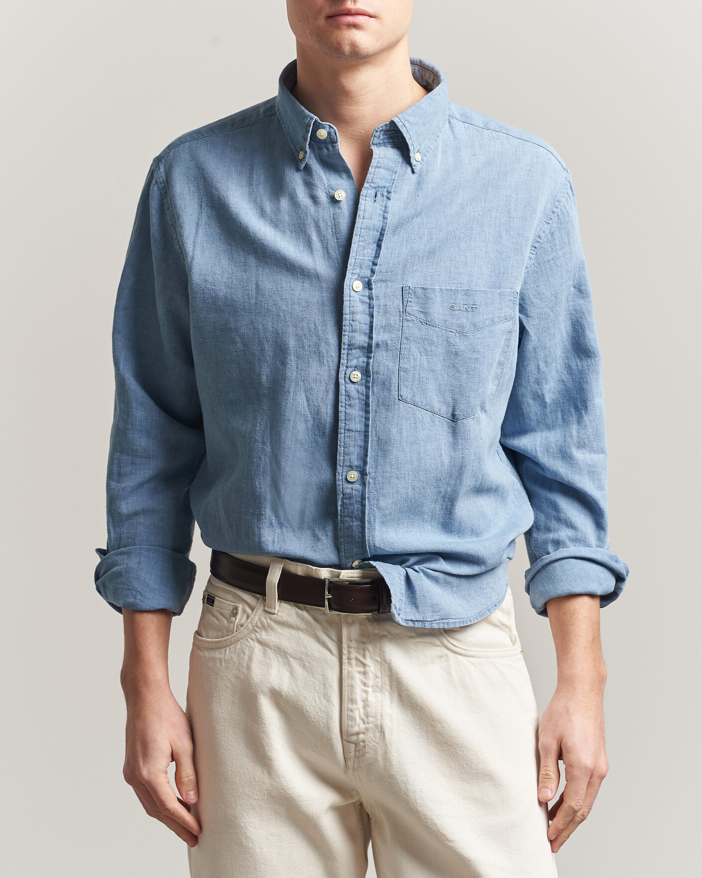 Uomini | Camicie | Gant | Regular Fit Cotton Linen Indigo Shirt Semi Light Blue