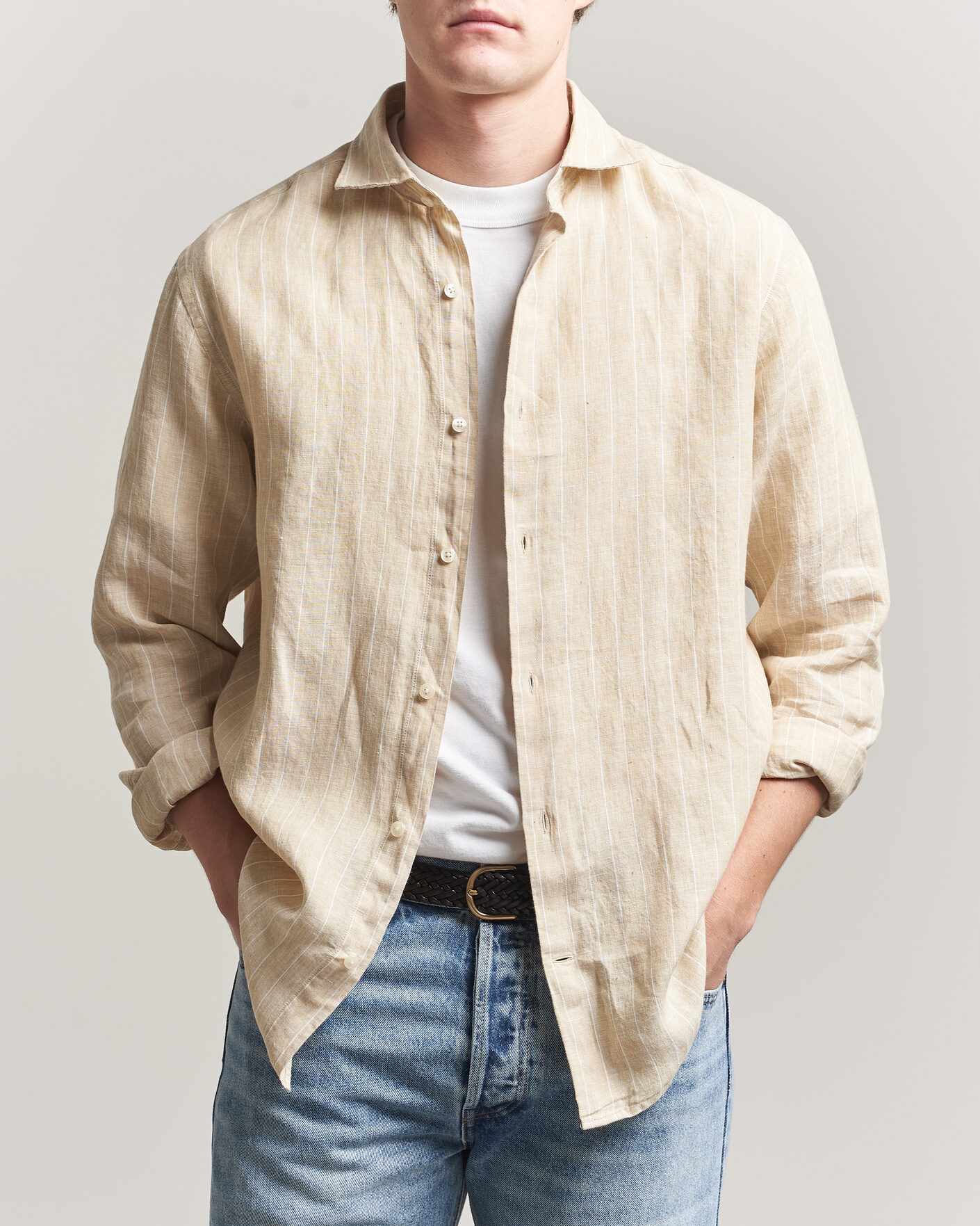 Uomini | Camicie | GANT | Regular Fit Linen Striped Shirt Oat Beige
