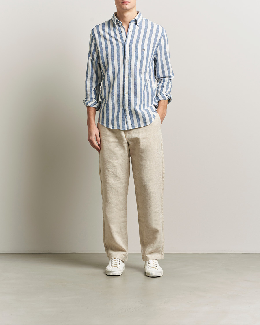 Uomini | Camicie | Gant | Regular Fit Linen/Cotton Striped Shirt Vintage Blue