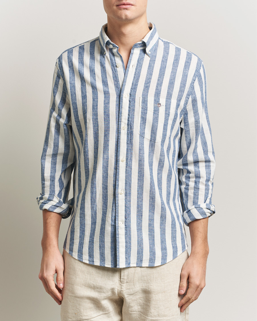 Uomini | Camicie | Gant | Regular Fit Linen/Cotton Striped Shirt Vintage Blue