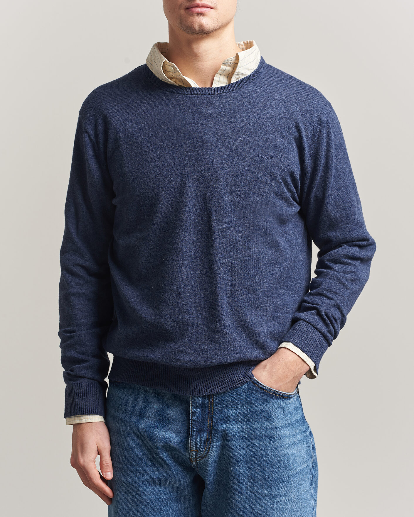 Uomini | Maglieria | Gant | Cotton/Linen Slub Knitted Sweater Dark Indigo Melange