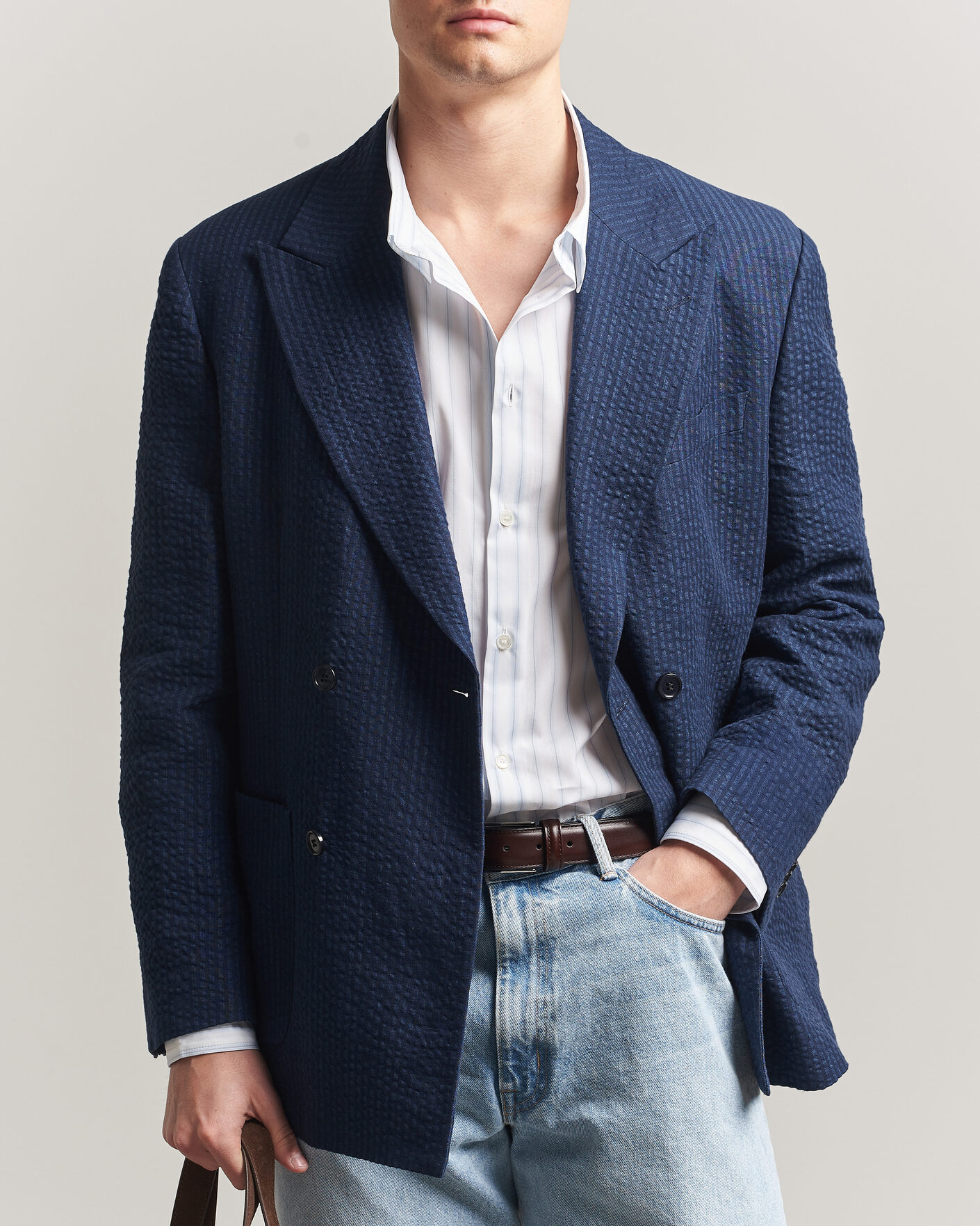 Uomini | Blazers | Gant | Linen Indigo Seersucker Blazer Bid Blue