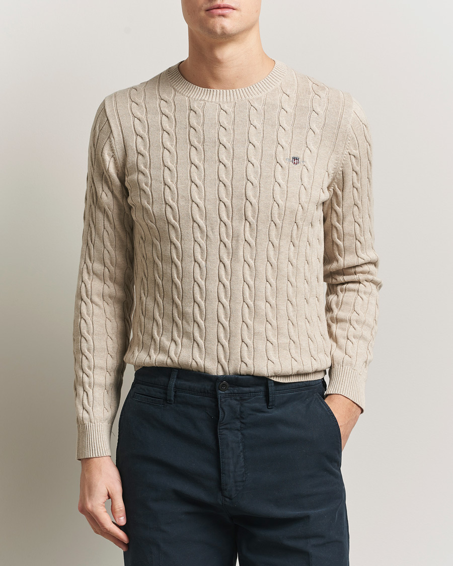 Uomini | Maglieria | GANT | Cotton Cable Crew Neck Pullover Oat Melange