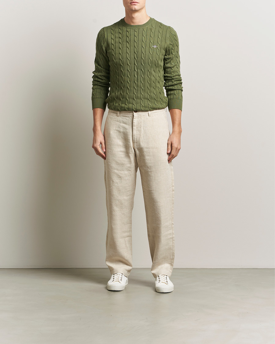 Uomini | Maglieria | Gant | Cotton Cable Crew Neck Pullover Dry Herb Green