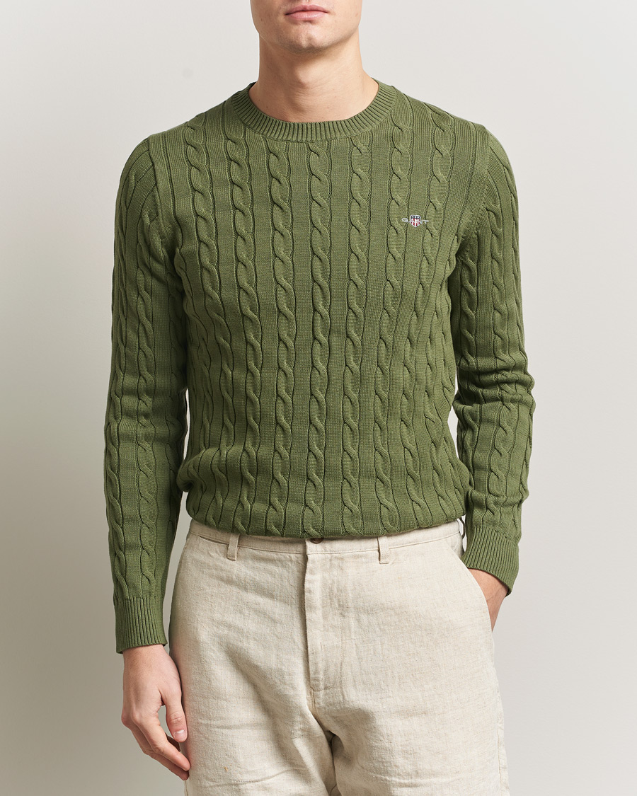 Uomini | Maglieria | GANT | Cotton Cable Crew Neck Pullover Dry Herb Green