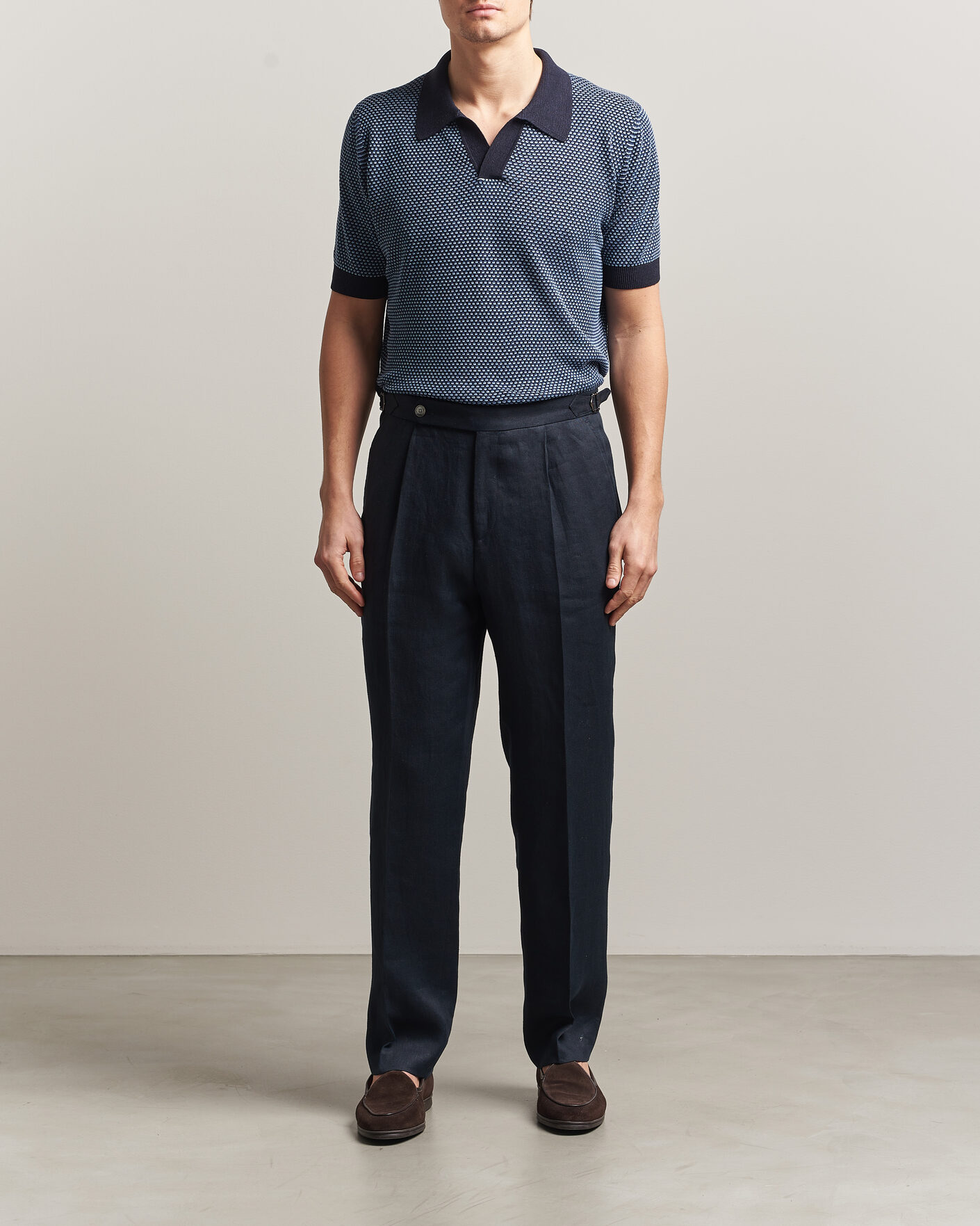 Uomini | Polo | Piacenza Cashmere | Silk/Linen Honeycomb Knitted Polo Navy
