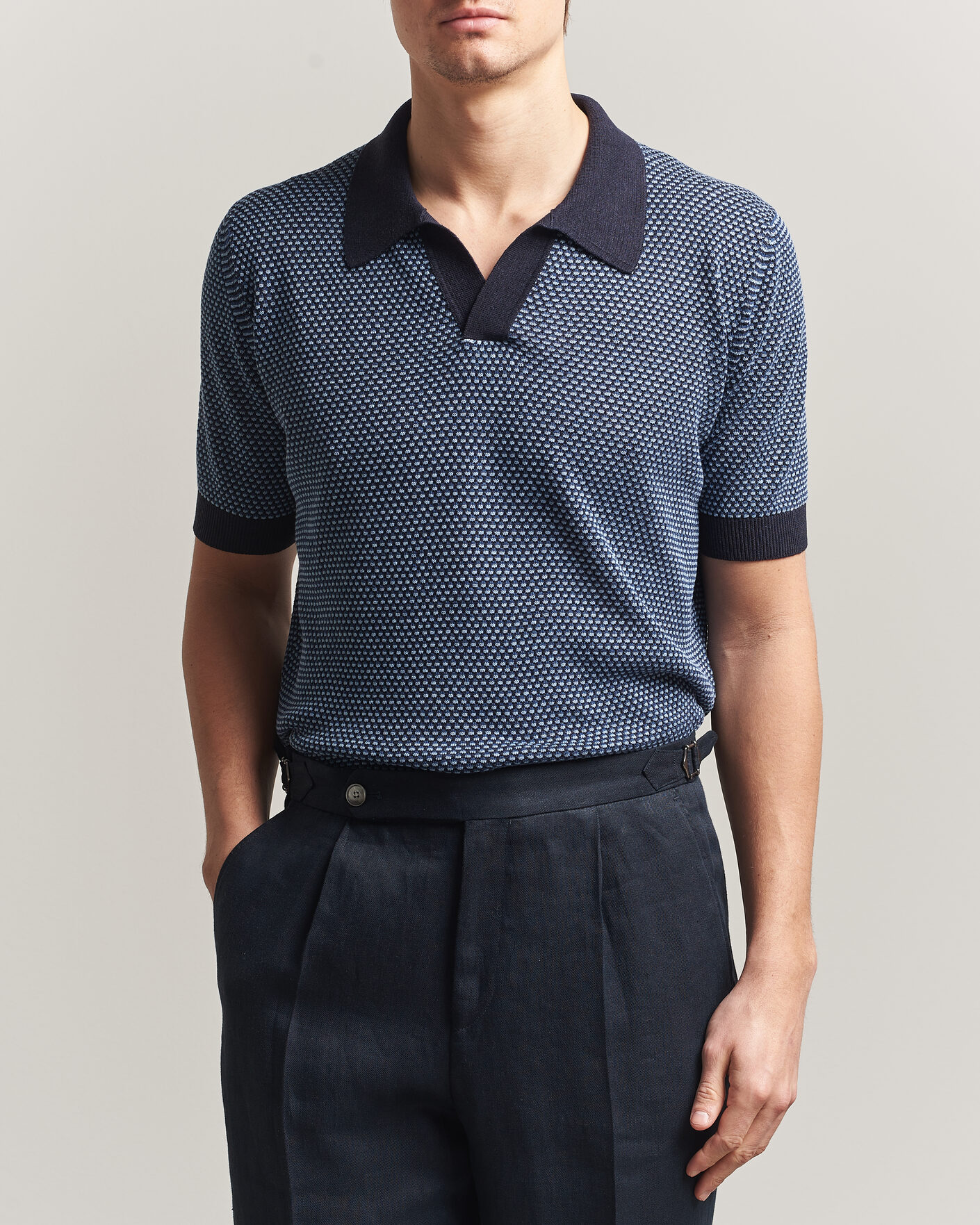Uomini | Polo | Piacenza Cashmere | Silk/Linen Honeycomb Knitted Polo Navy