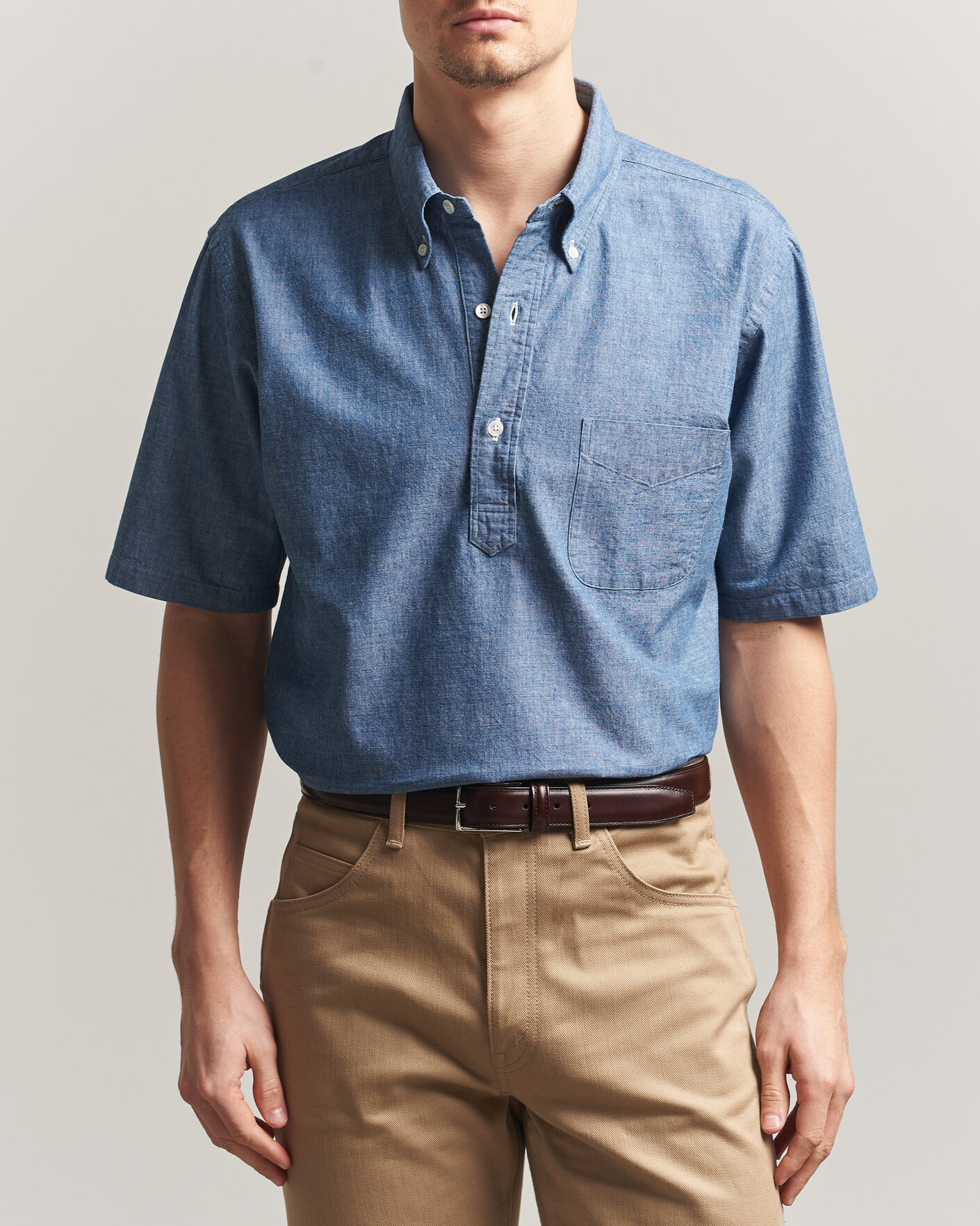 Uomini | Camicie | Kamakura Shirts | Vintage Ivy Half Sleeve Chambray Popover Blue