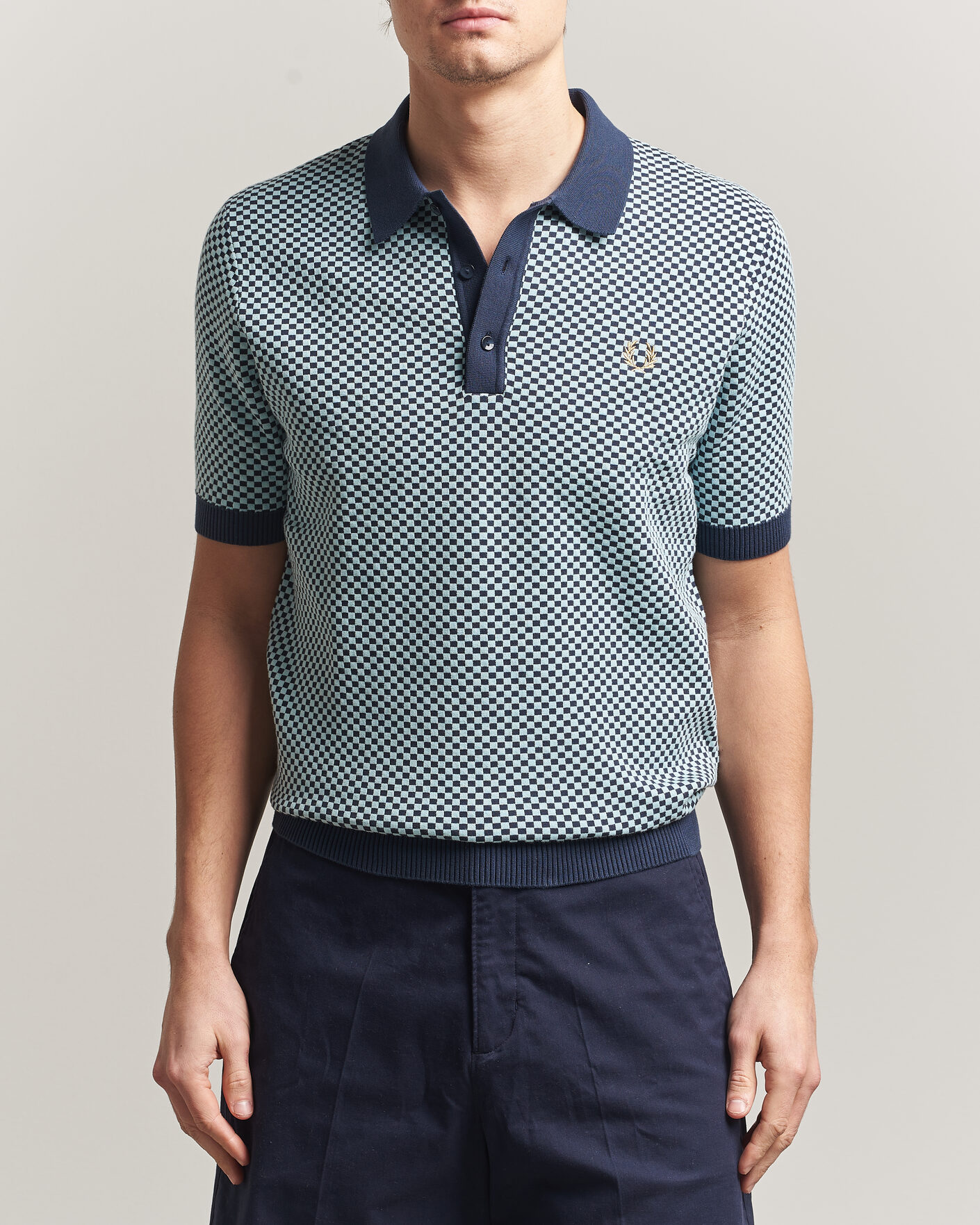Uomini | Polo | Fred Perry | Checkboard Knitted Polo Dark Airforce