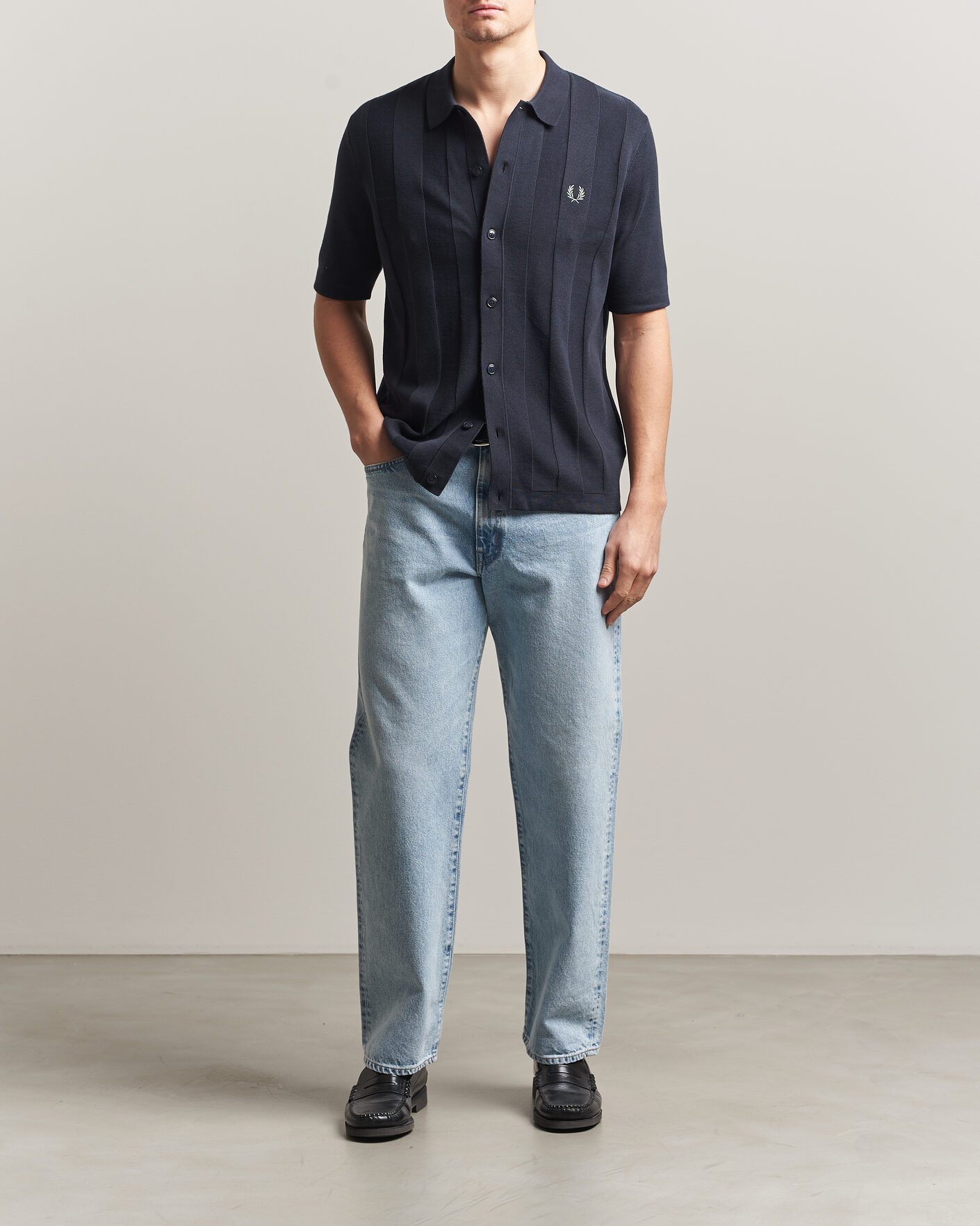 Uomini | Camicie | Fred Perry | Tonal Vertical Striped Knitted Shirt Navy