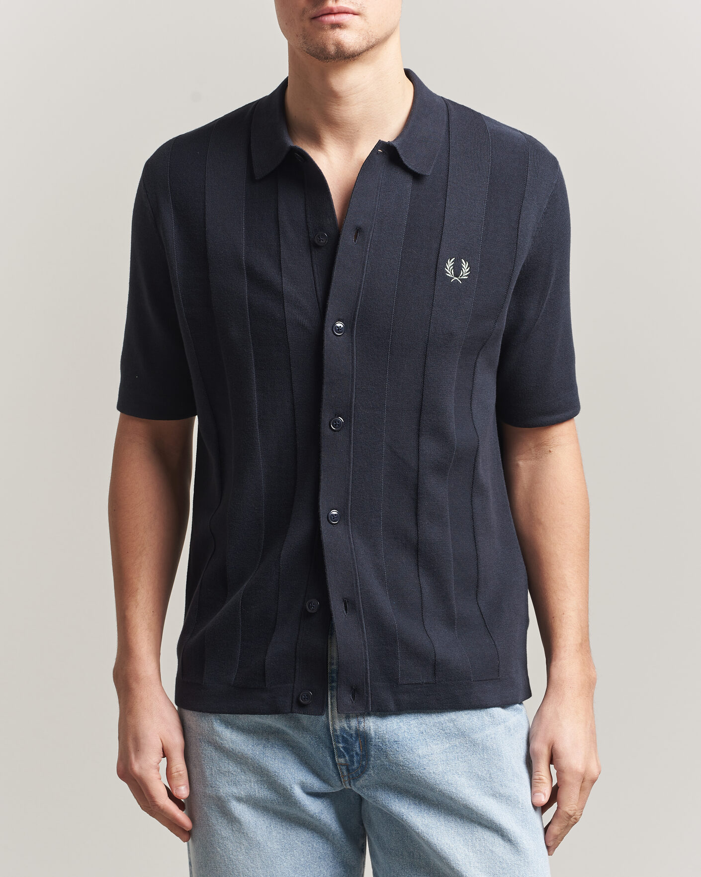 Uomini | Camicie | Fred Perry | Tonal Vertical Striped Knitted Shirt Navy