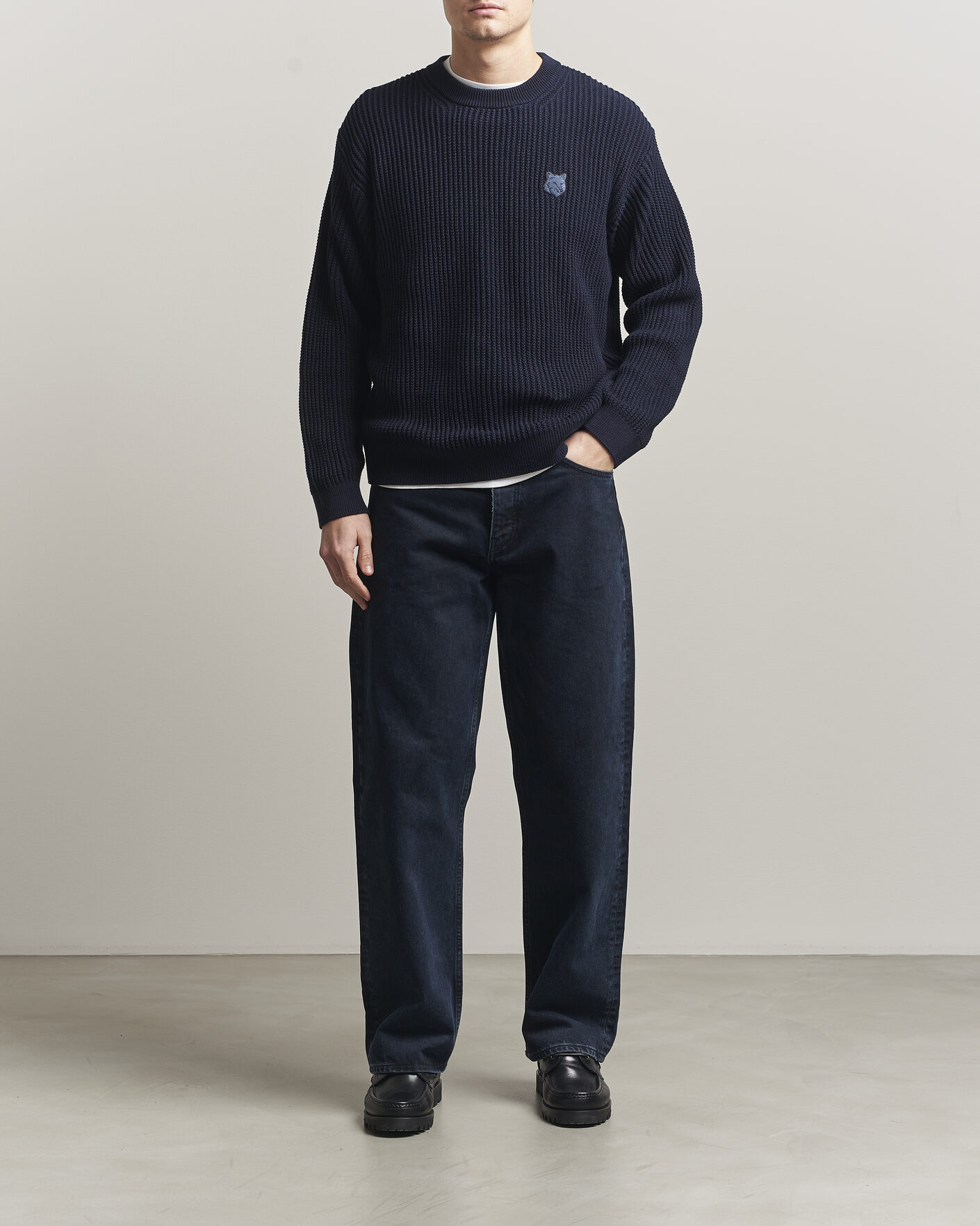 Uomini | Maglieria | Maison Kitsuné | Tonal Fox Head Rib Knitted Sweater Navy
