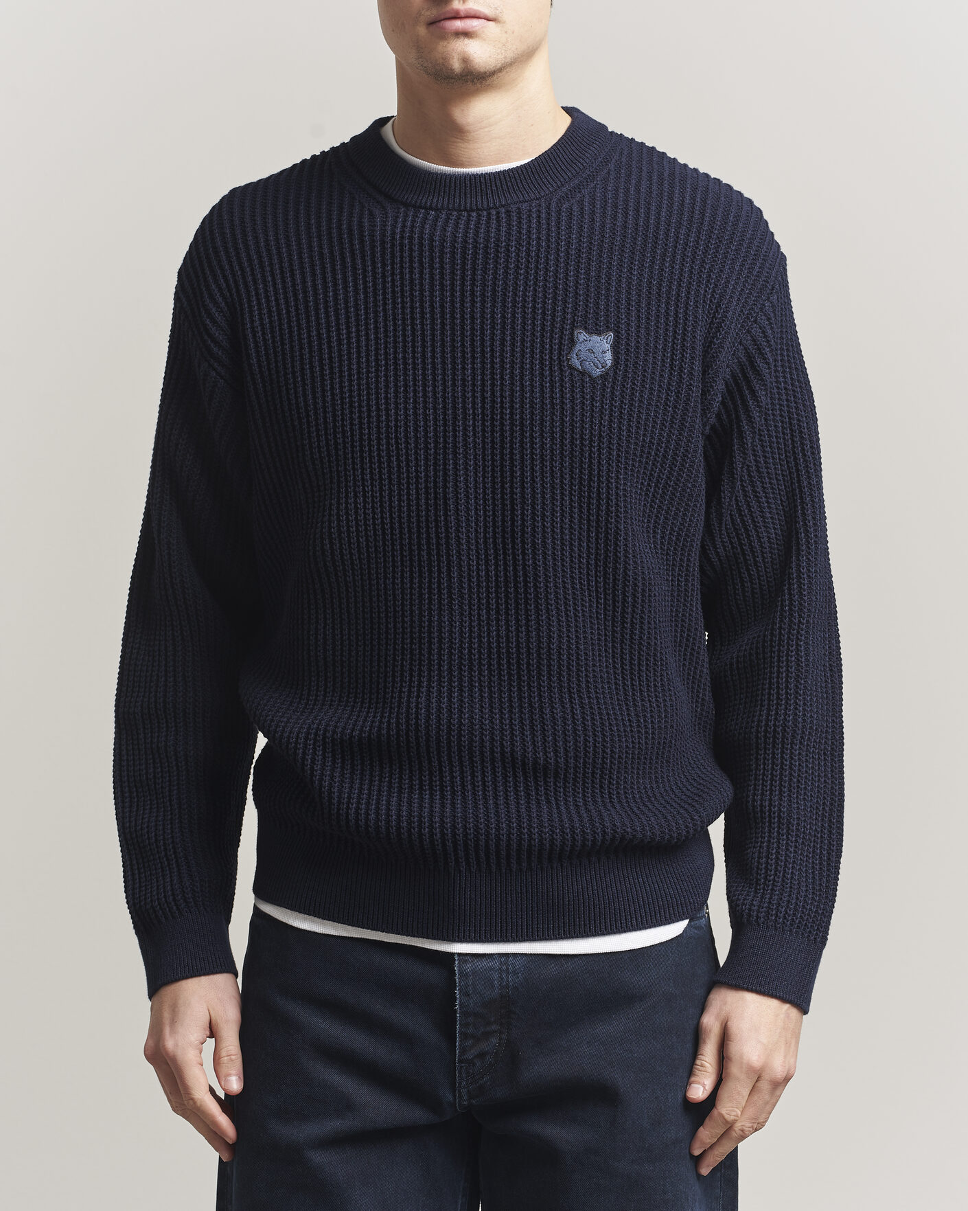 Uomini | Maglieria | Maison Kitsuné | Tonal Fox Head Rib Knitted Sweater Navy