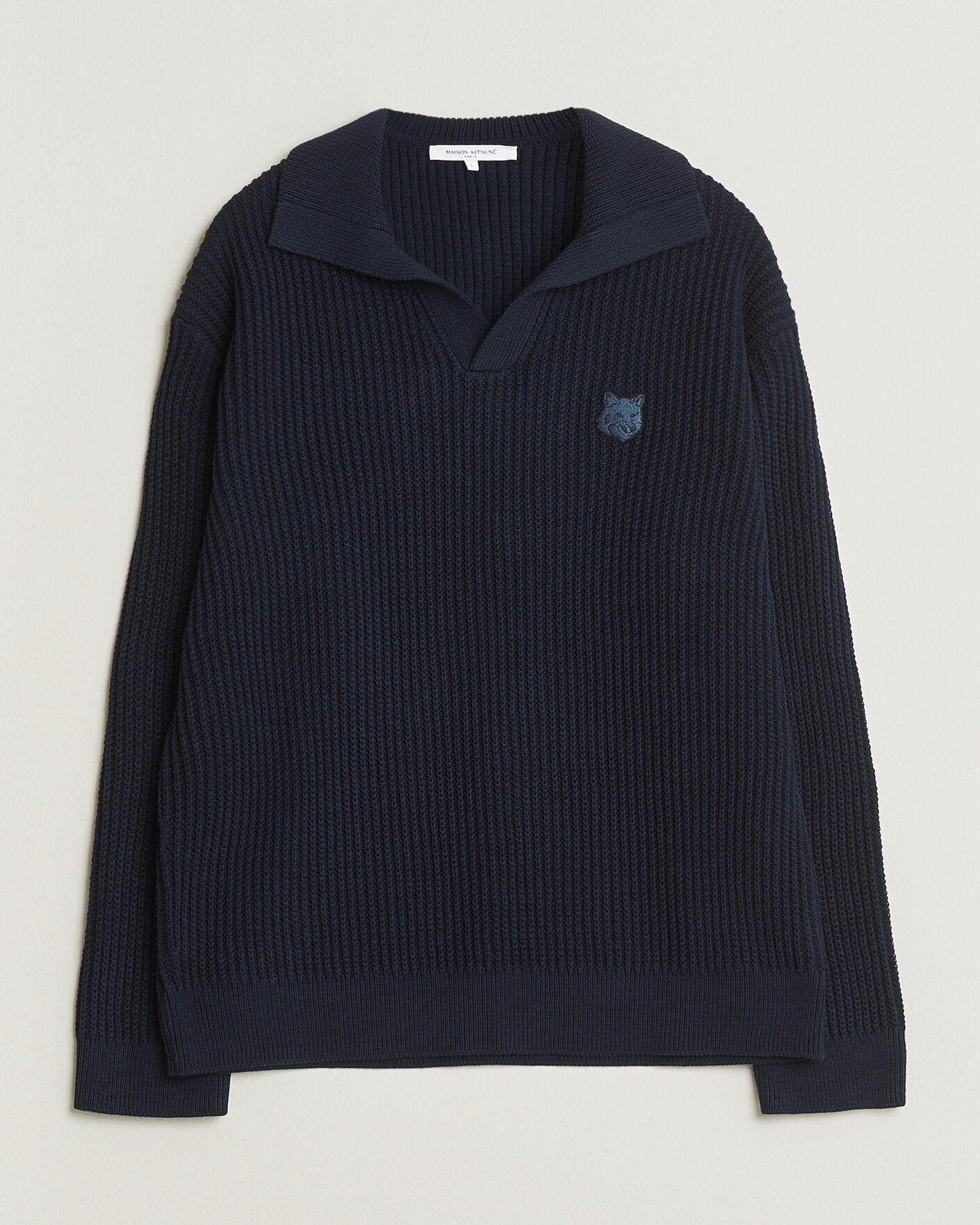 Uomini | Polo | Maison Kitsuné | Tonal Fox Head Rib Knitted Polo Navy