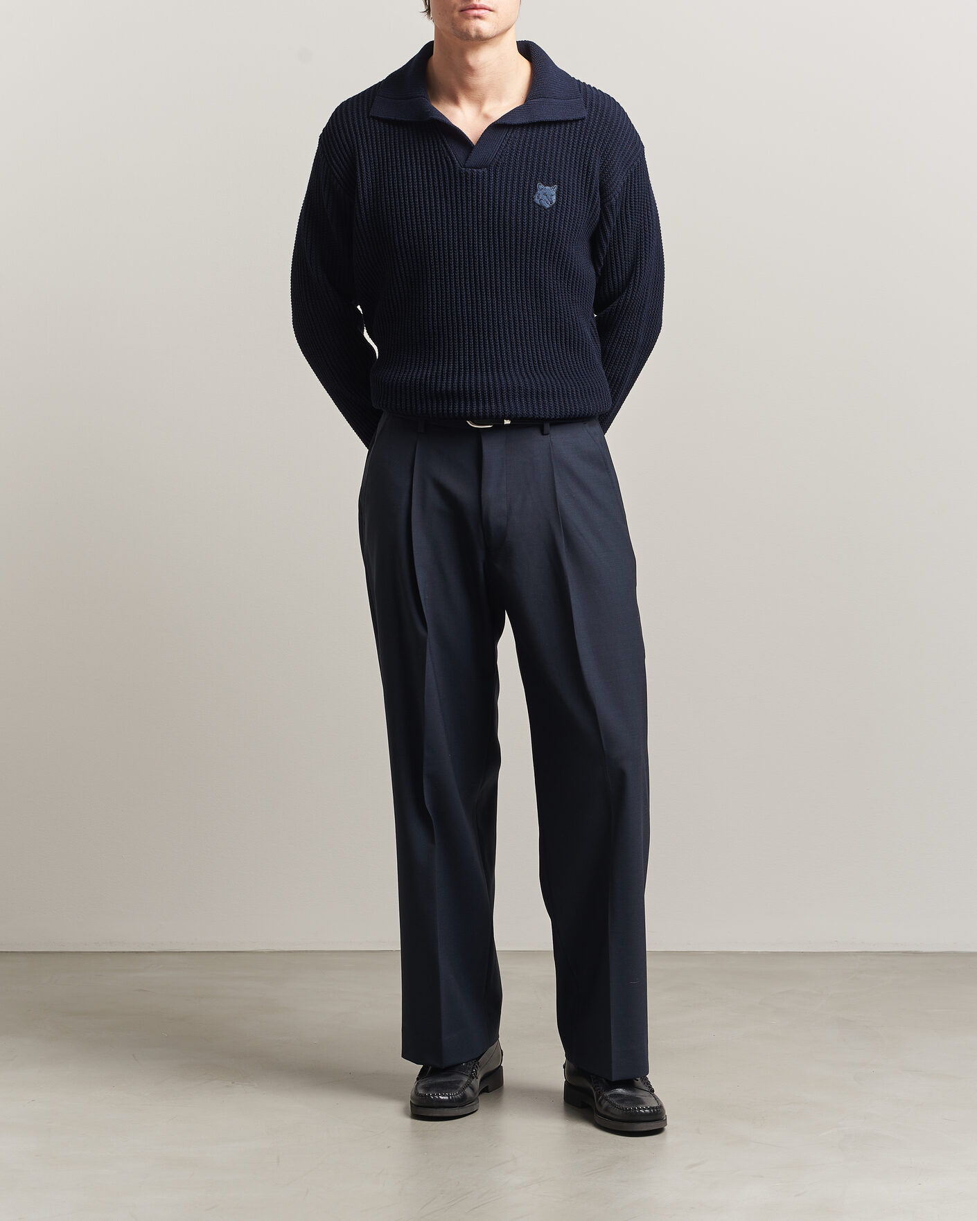 Uomini | Polo | Maison Kitsuné | Tonal Fox Head Rib Knitted Polo Navy