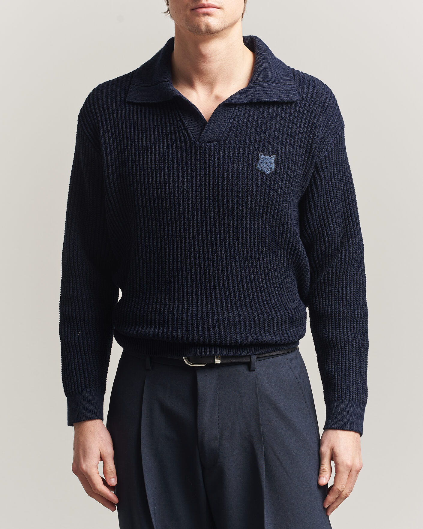 Uomini | Polo | Maison Kitsuné | Tonal Fox Head Rib Knitted Polo Navy