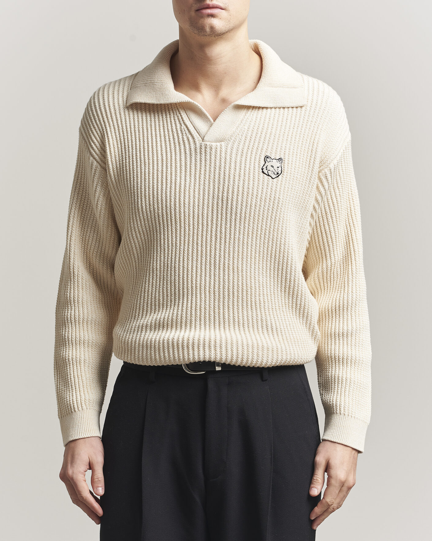 Uomini | Polo | Maison Kitsuné | Tonal Fox Head Rib Knitted Polo Sandshell