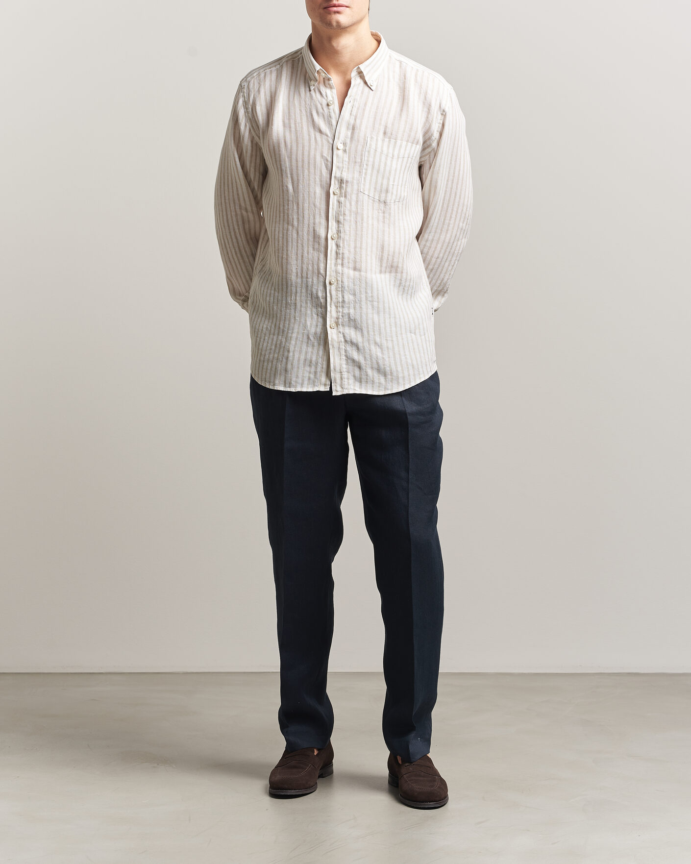 Uomini | Camicie | BOSS BLACK | Liam Striped Linen Shirt Open Beige