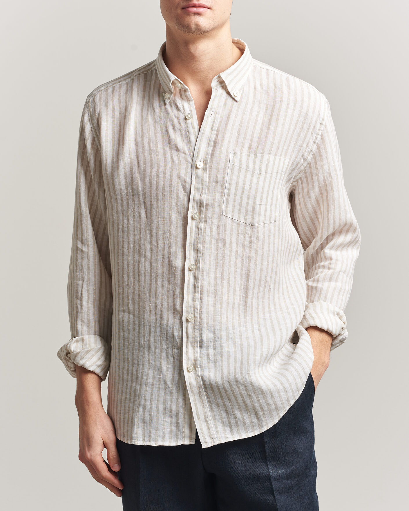 Uomini | Camicie | BOSS BLACK | Liam Striped Linen Shirt Open Beige