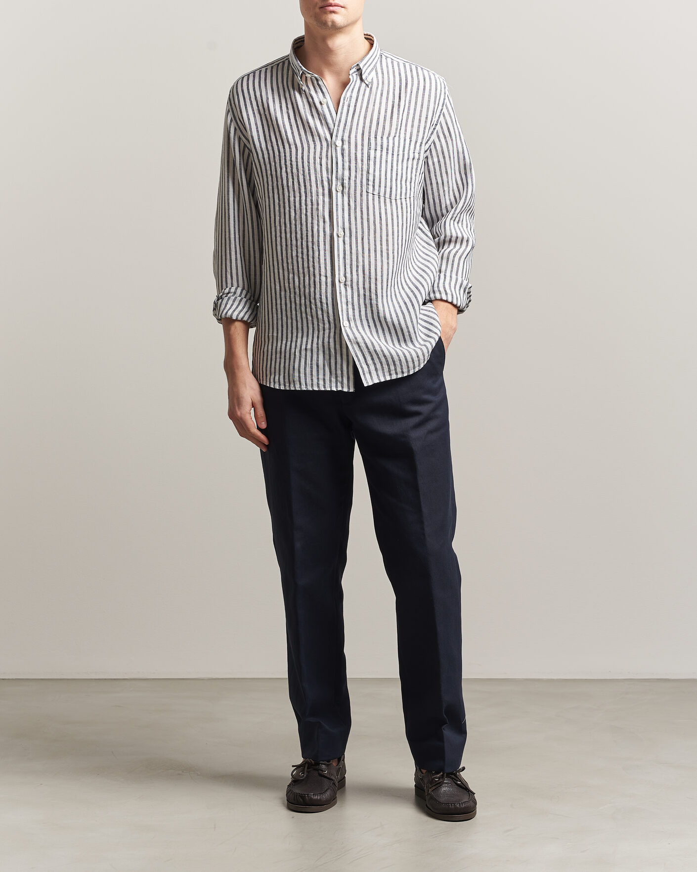 Uomini | Camicie | BOSS BLACK | Liam Striped Linen Shirt Dark Blue
