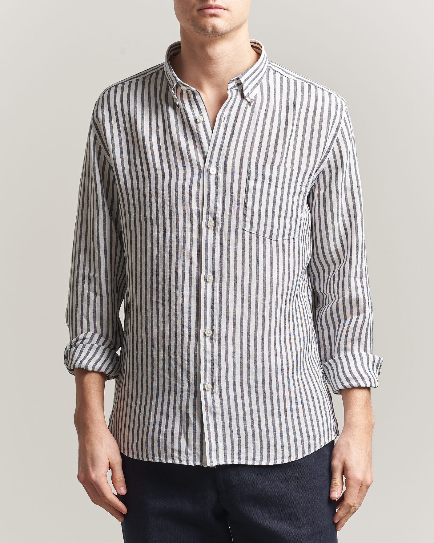Uomini | Camicie | BOSS BLACK | Liam Striped Linen Shirt Dark Blue