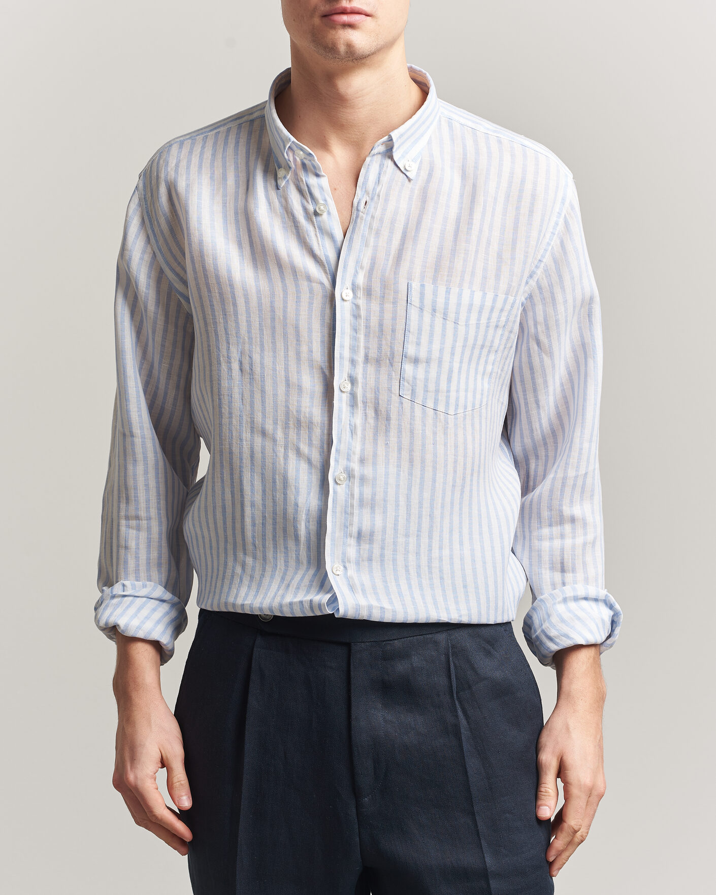 Uomini | Camicie | BOSS BLACK | Liam Striped Linen Shirt Light Blue